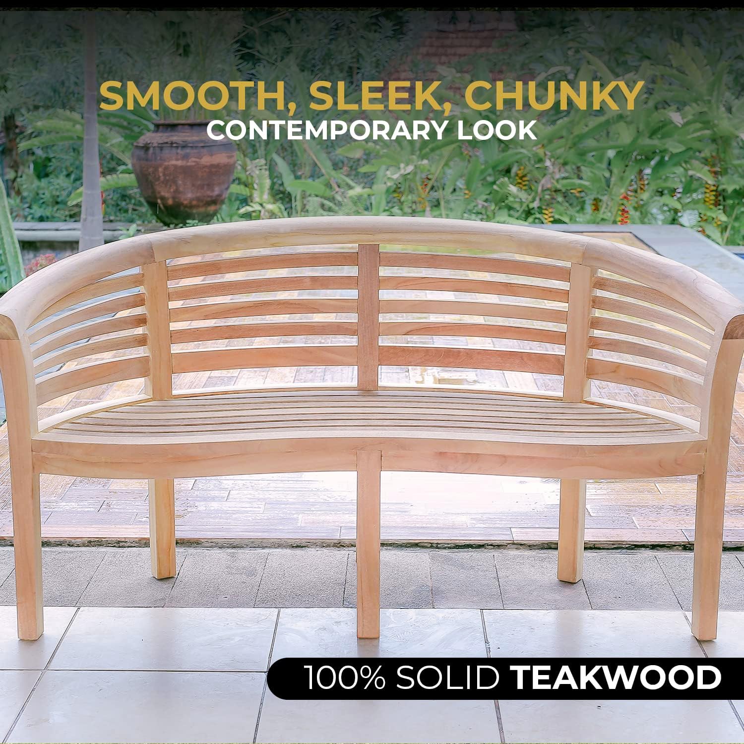 Teak Wood Banana Garden Bench w/ Green Cushion Curved Patio Seat 168cm