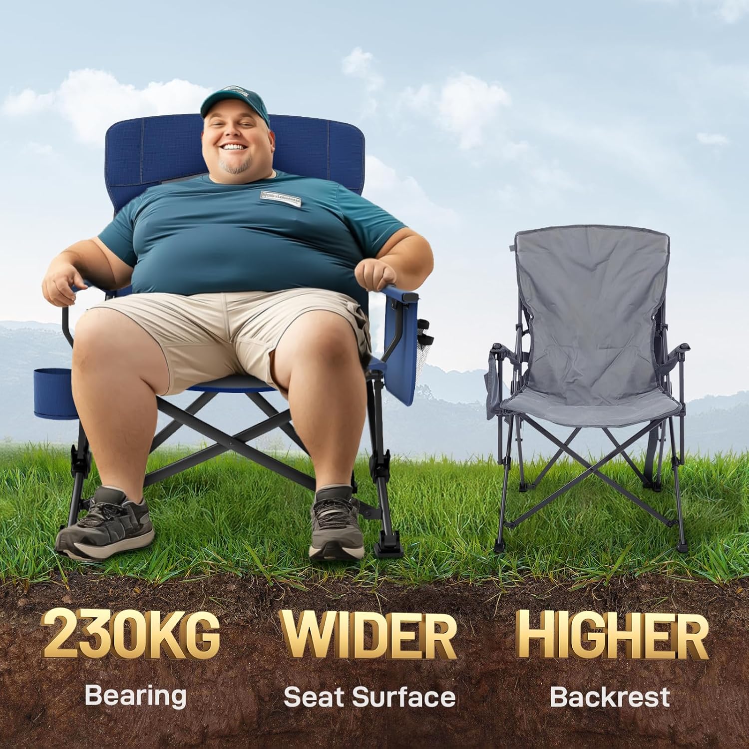 Oversized Folding Camping Chair 230kg Heavy Duty Blue