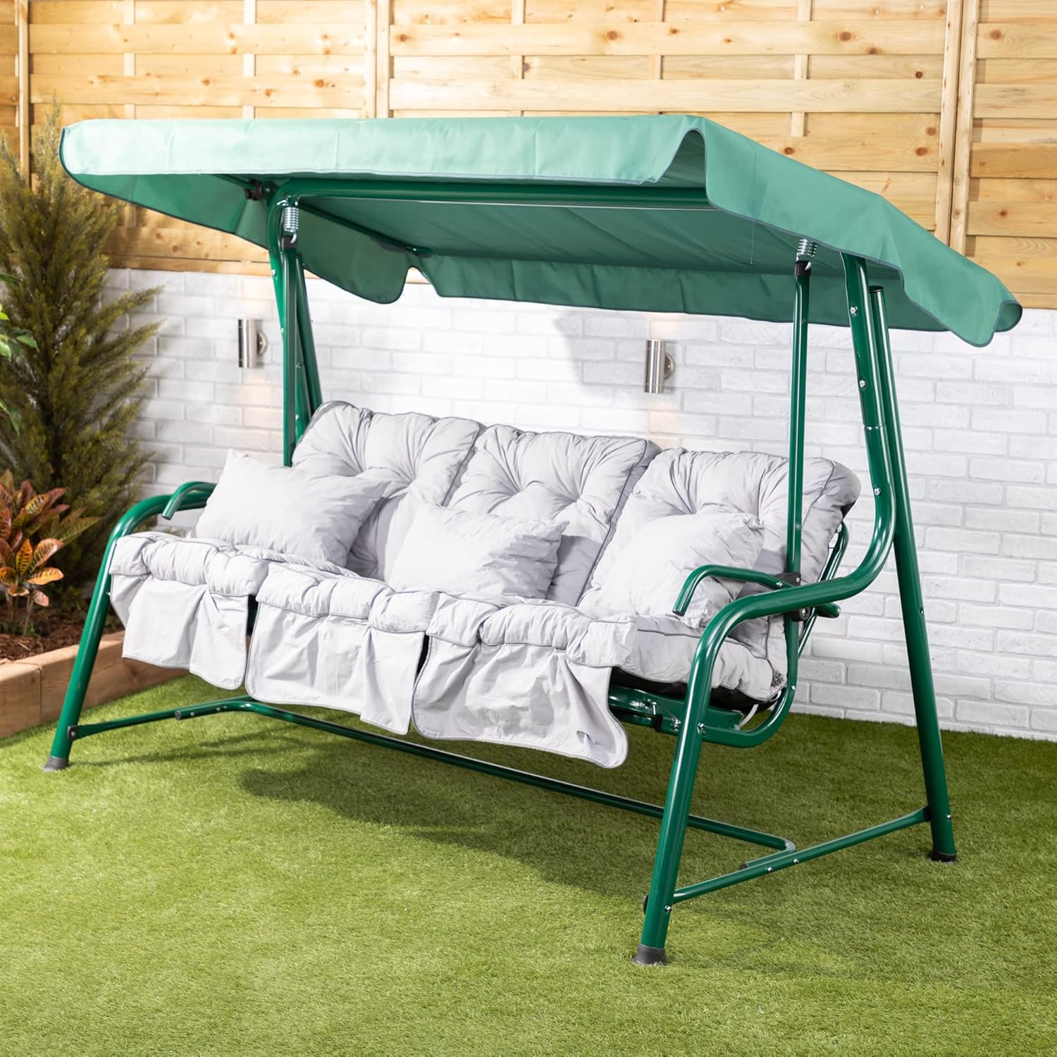 3 Seater Reclining Garden Swing Seat Grey Canopy Cushions
