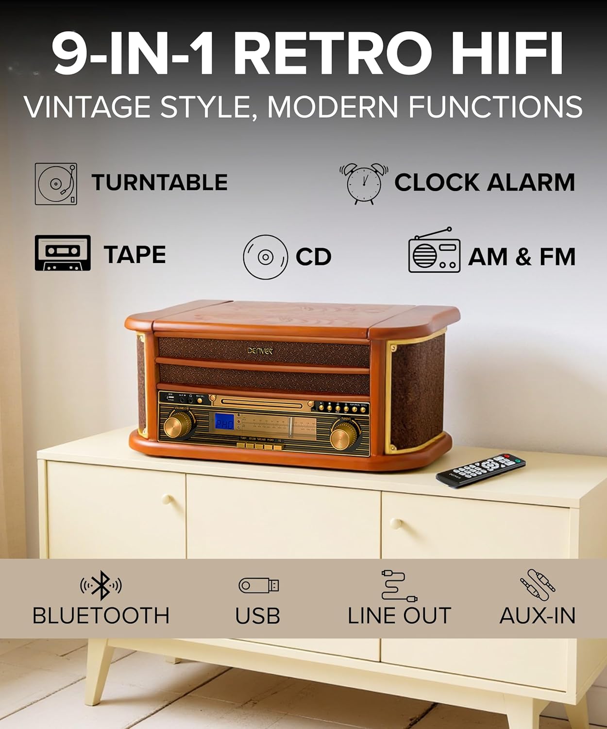 9 in 1 Retro Wooden Record Player CD Cassette Bluetooth