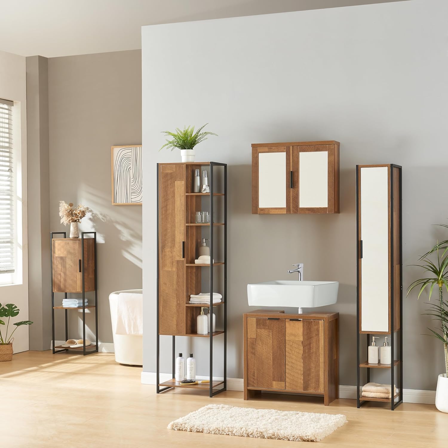 Walnut Tall Bathroom Cabinet Mirror Door Shelf Storage Unit