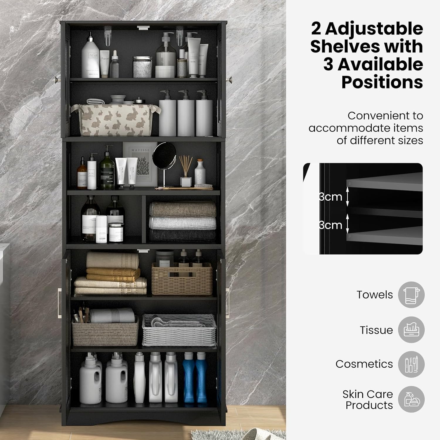 Black Tallboy Bathroom Cabinet 4 Door Shelf Storage Unit