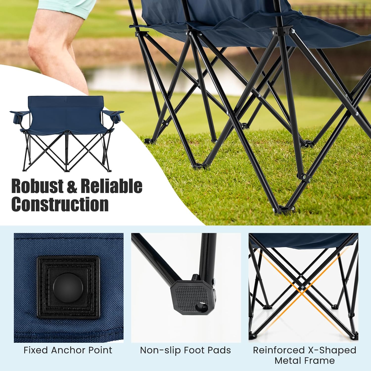 Double Camping Loveseat Chair 300KG Foldable Blue