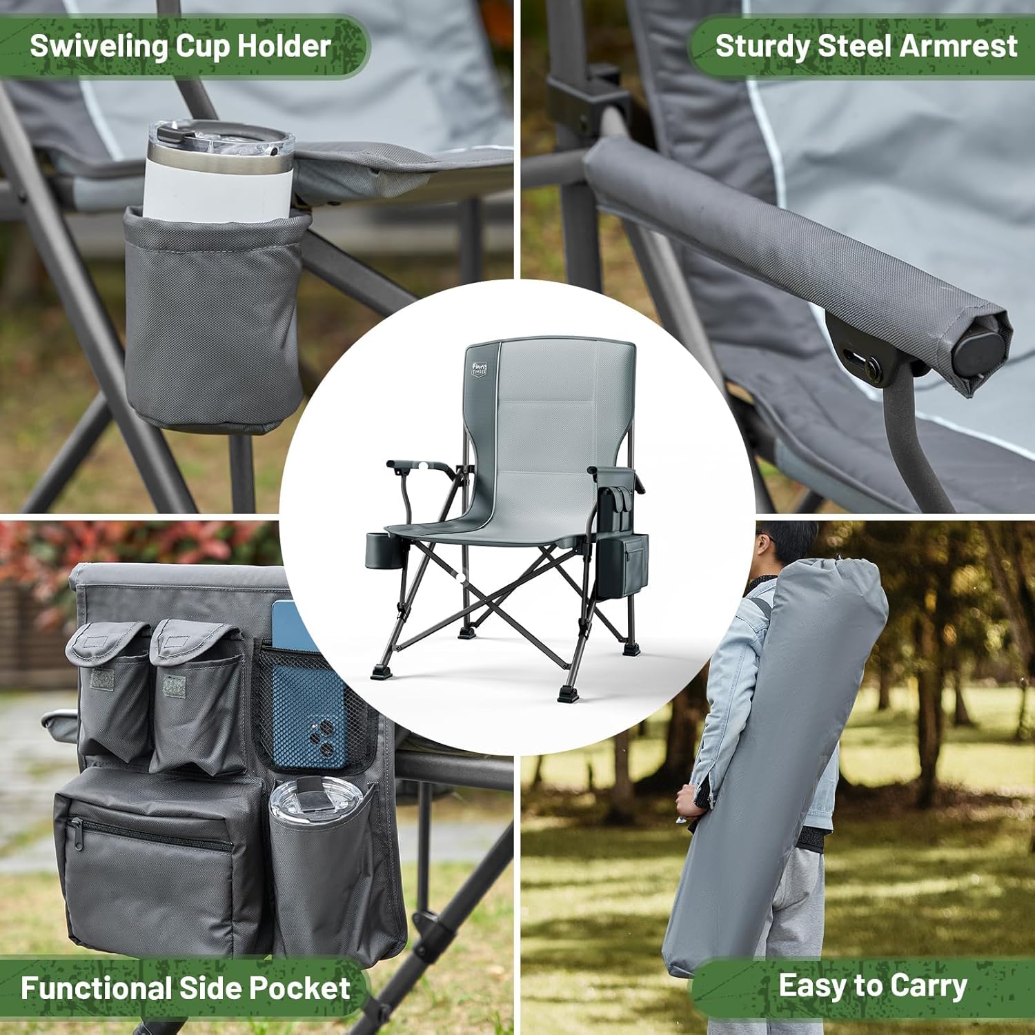 Oversized Outdoor Camping Chair with Cooler Pocket Grey