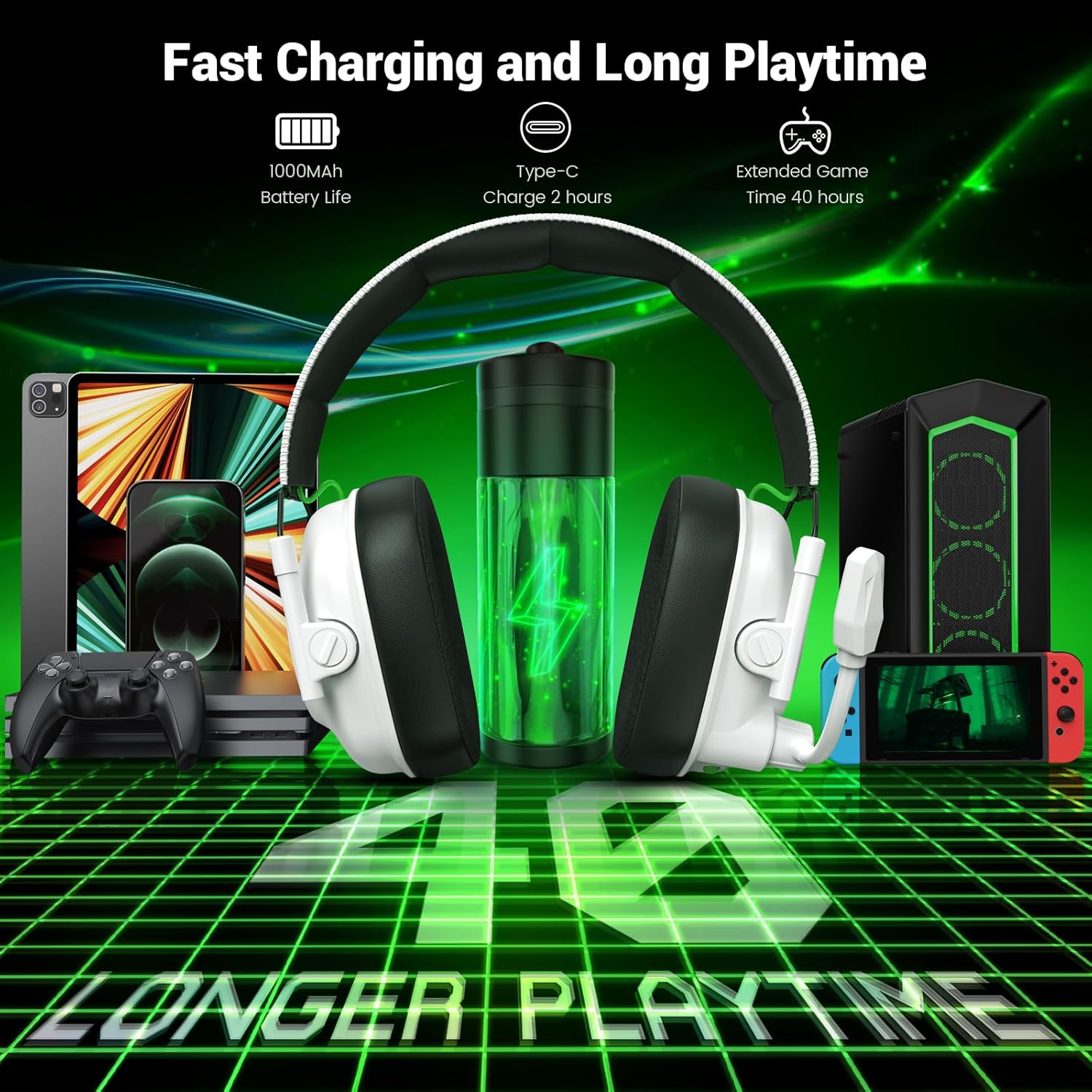 Wireless Gaming Headset 2.4GHz Bluetooth 40H Battery Mic RGB