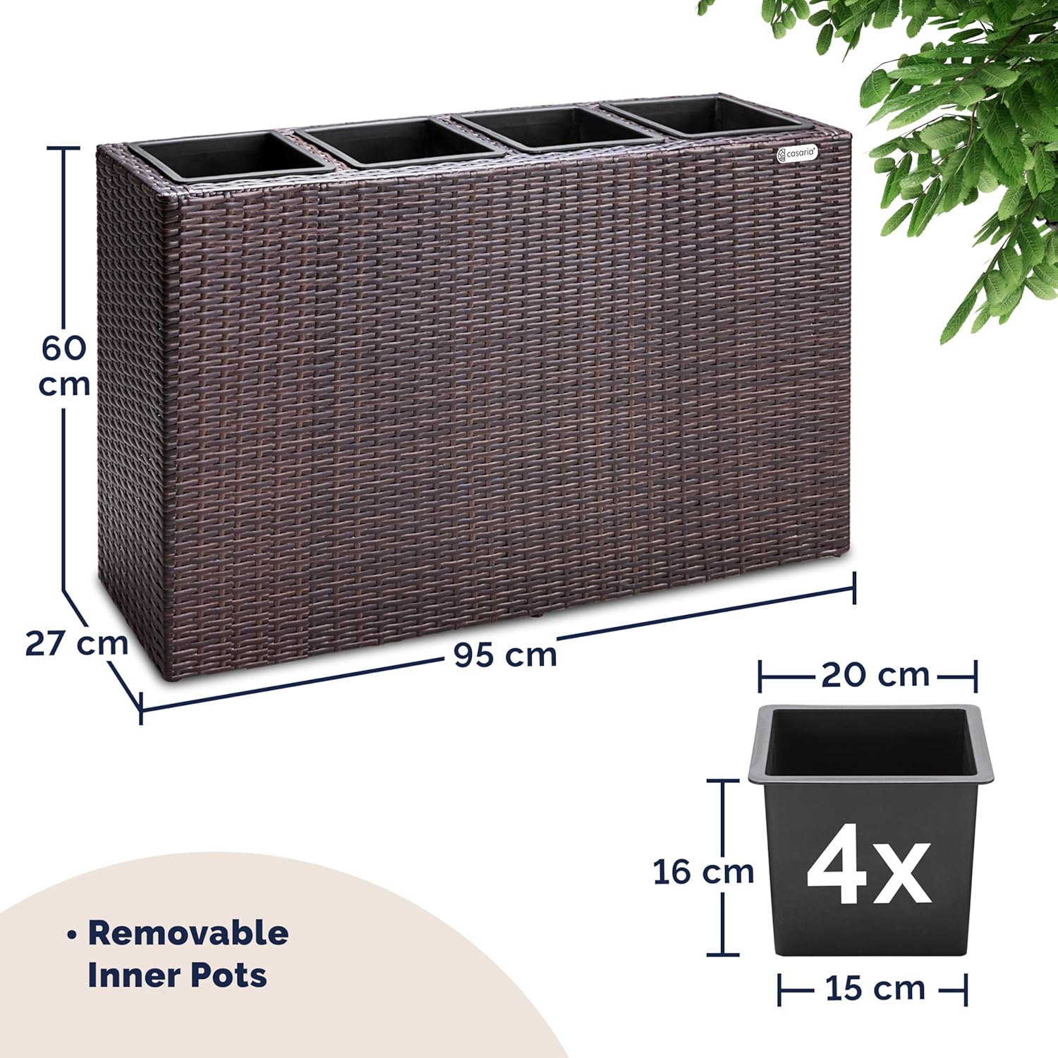 Large Tall Rattan Planter Box 95cm Brown with 4 Pots