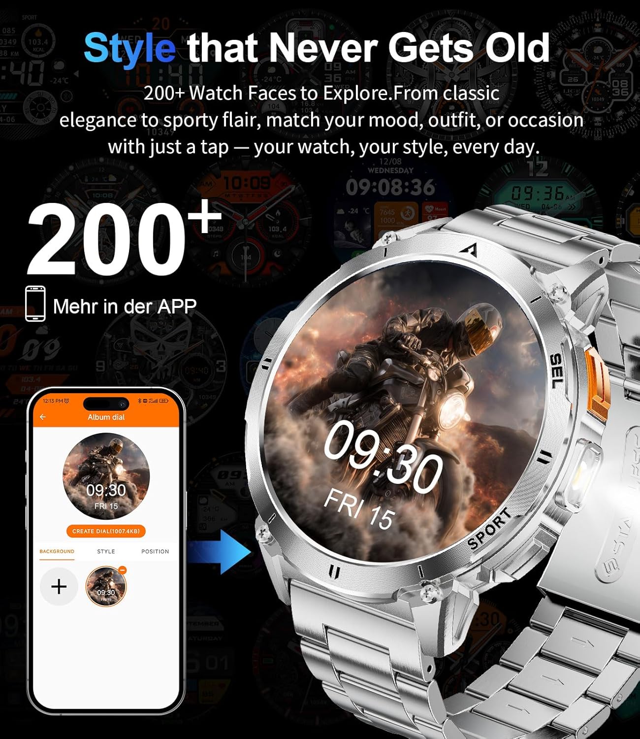 Mens AMOLED Smart Watch Bluetooth Call 730mAh LED Flashlight