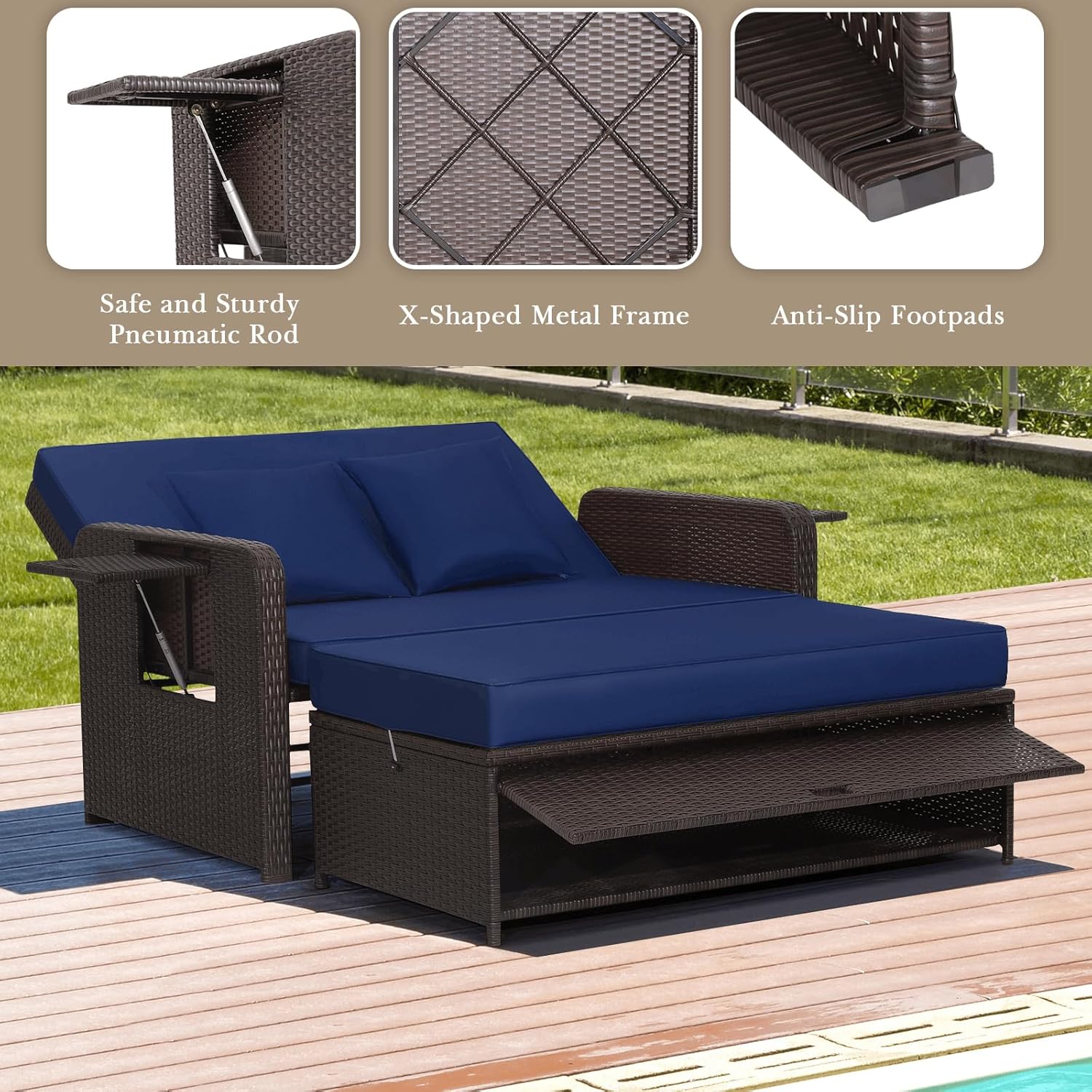 Double Rattan Daybed Sun Lounger Storage Ottoman Navy Blue