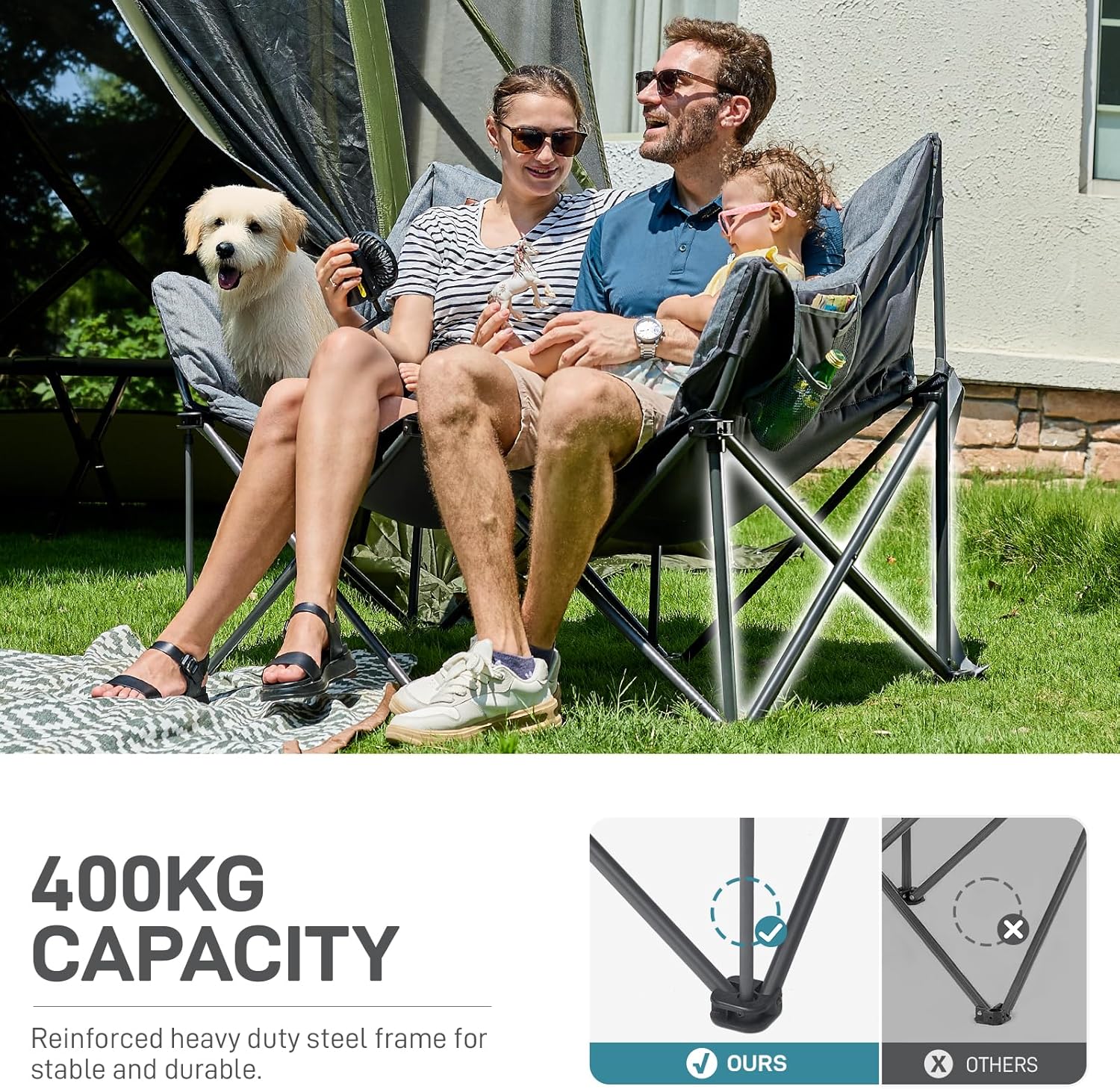 Double Camping Chair 400KG Oversized Folding Sofa Grey