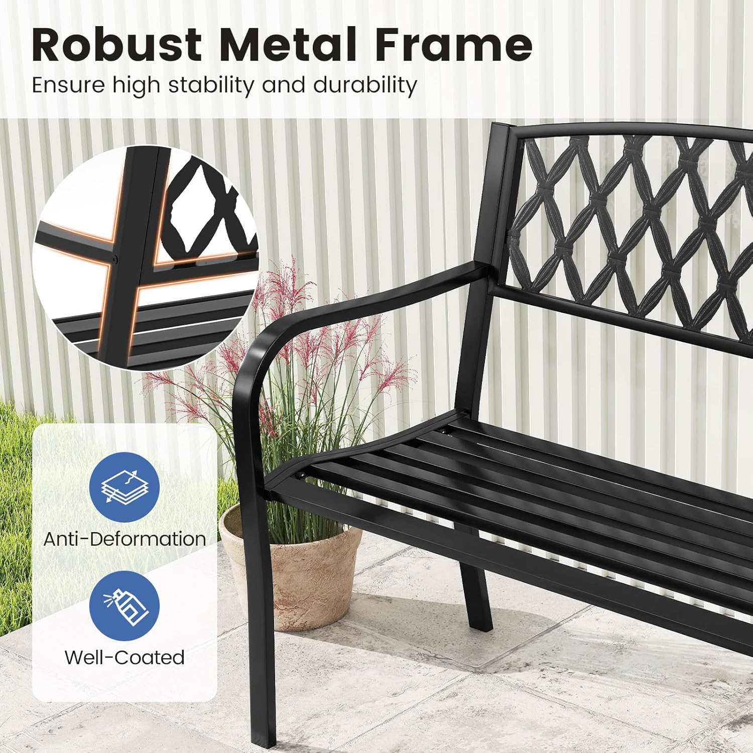 Metal Garden Bench 2-3 Seater Diamond Back Patio Seat