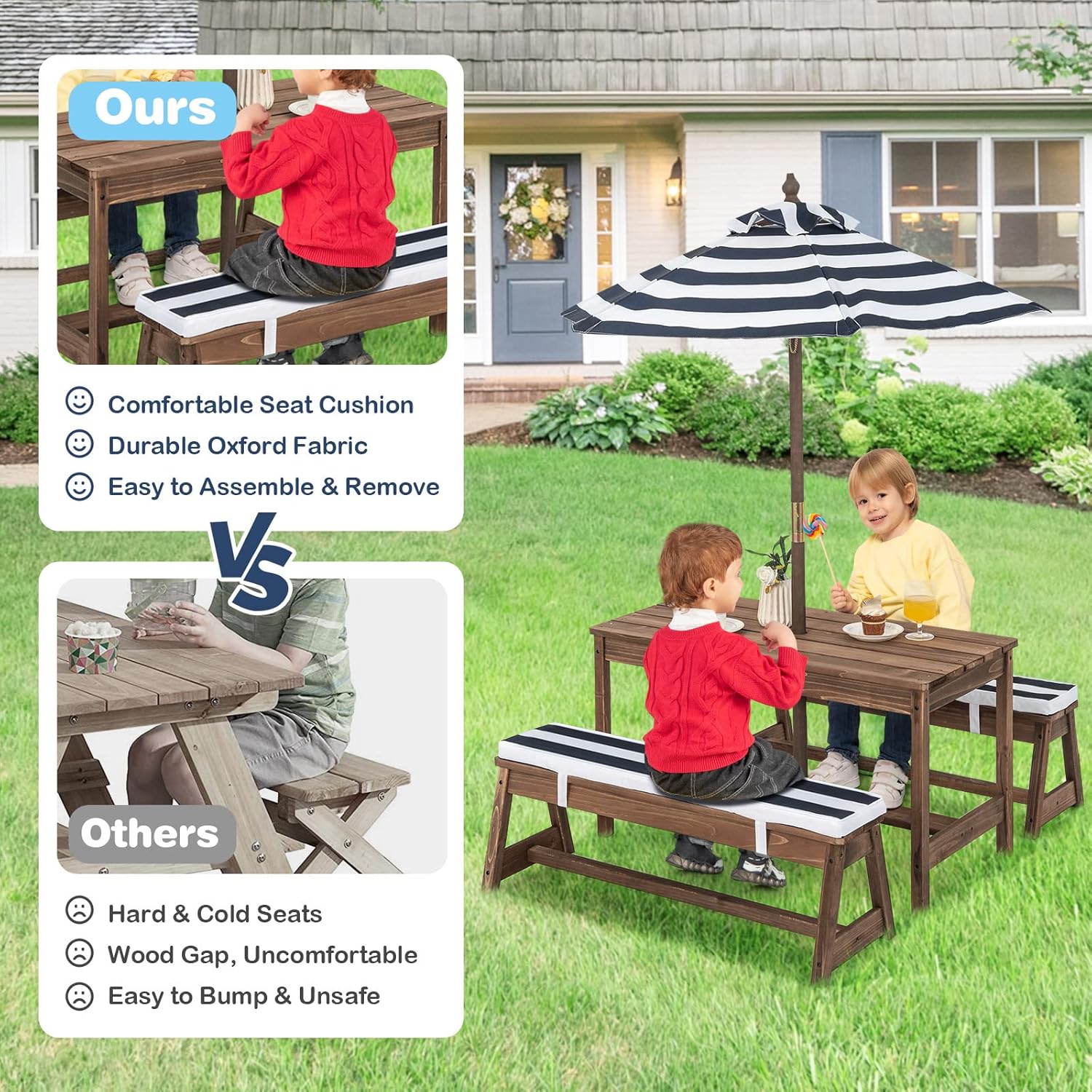 Kids Wooden Picnic Table Bench Set w/Umbrella Blue