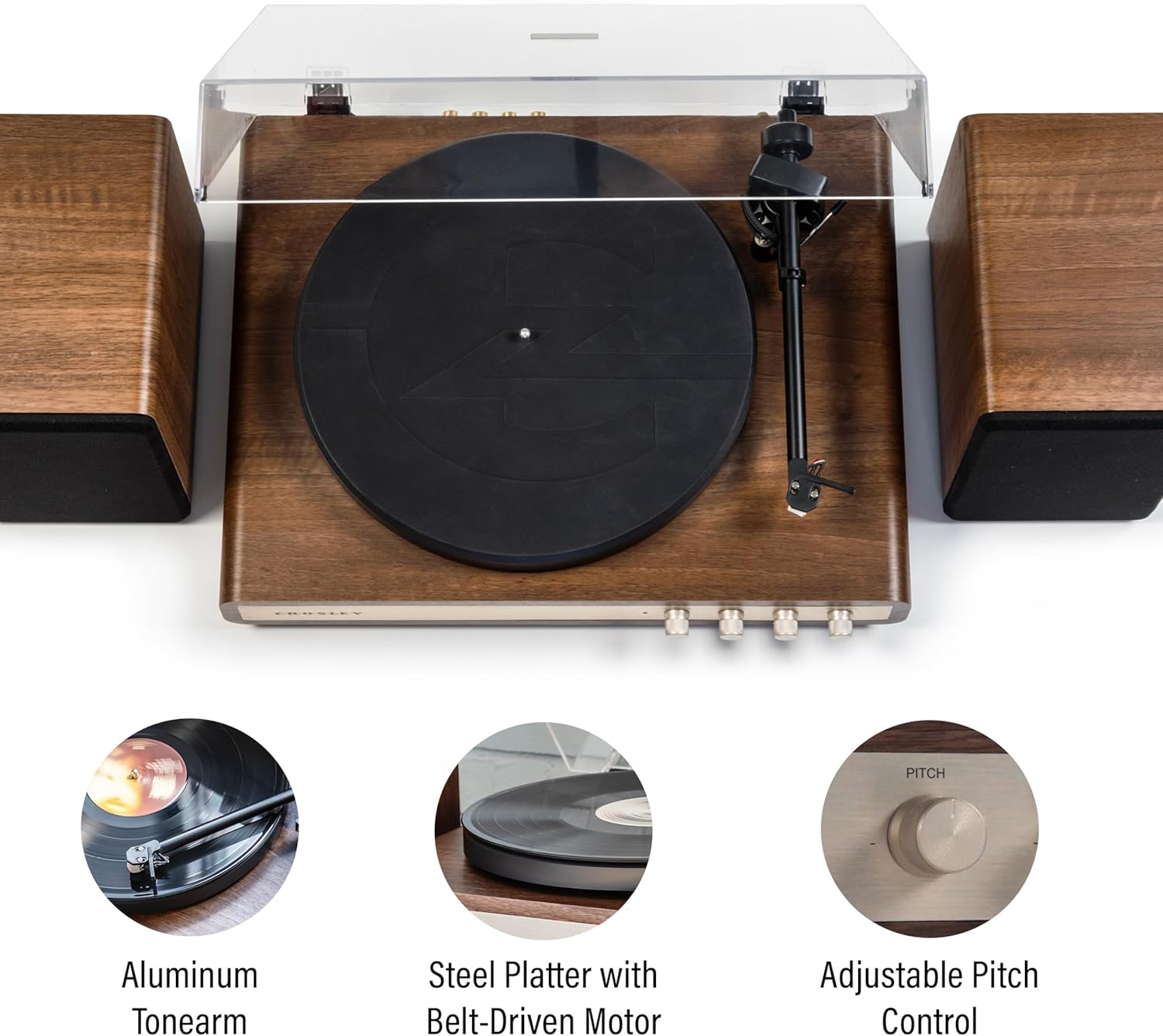 Bluetooth Vinyl Turntable with Speakers, 2-Speed Belt Drive & USB