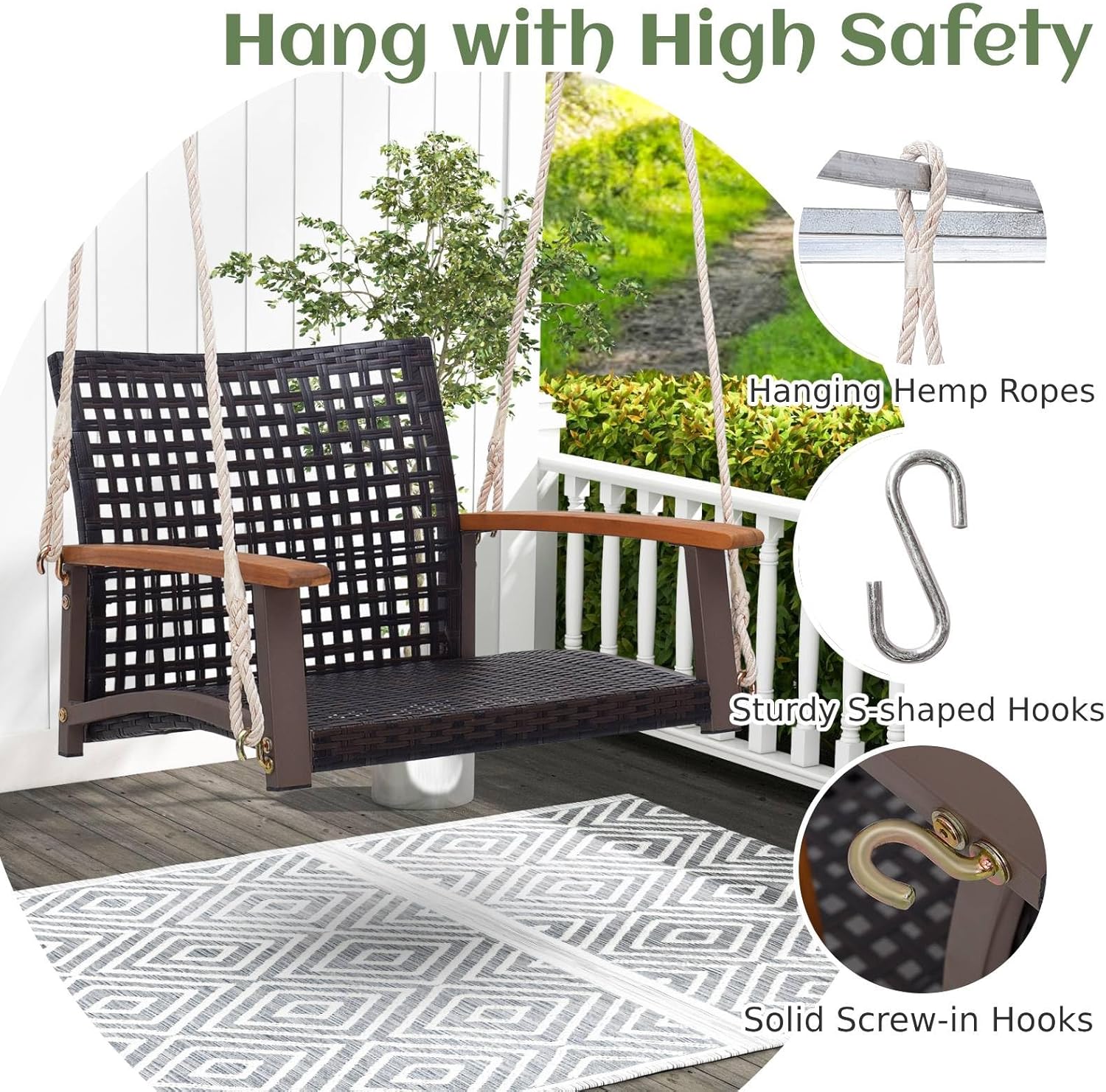 Single Rattan Swing Chair Hanging Patio Seat Brown