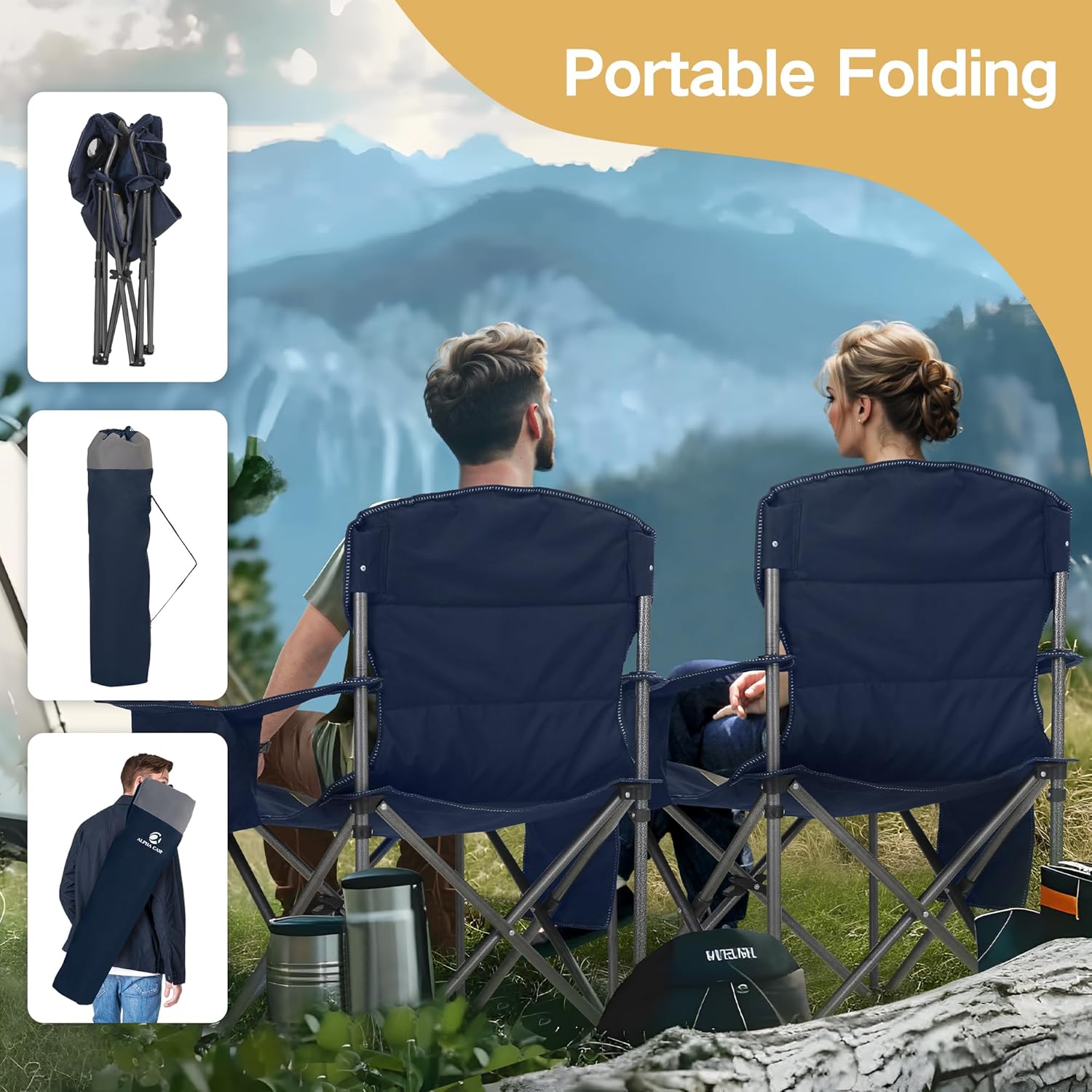 Set of 2 Heavy Duty Folding Camping Chairs 200kg Cooler Cup Holder