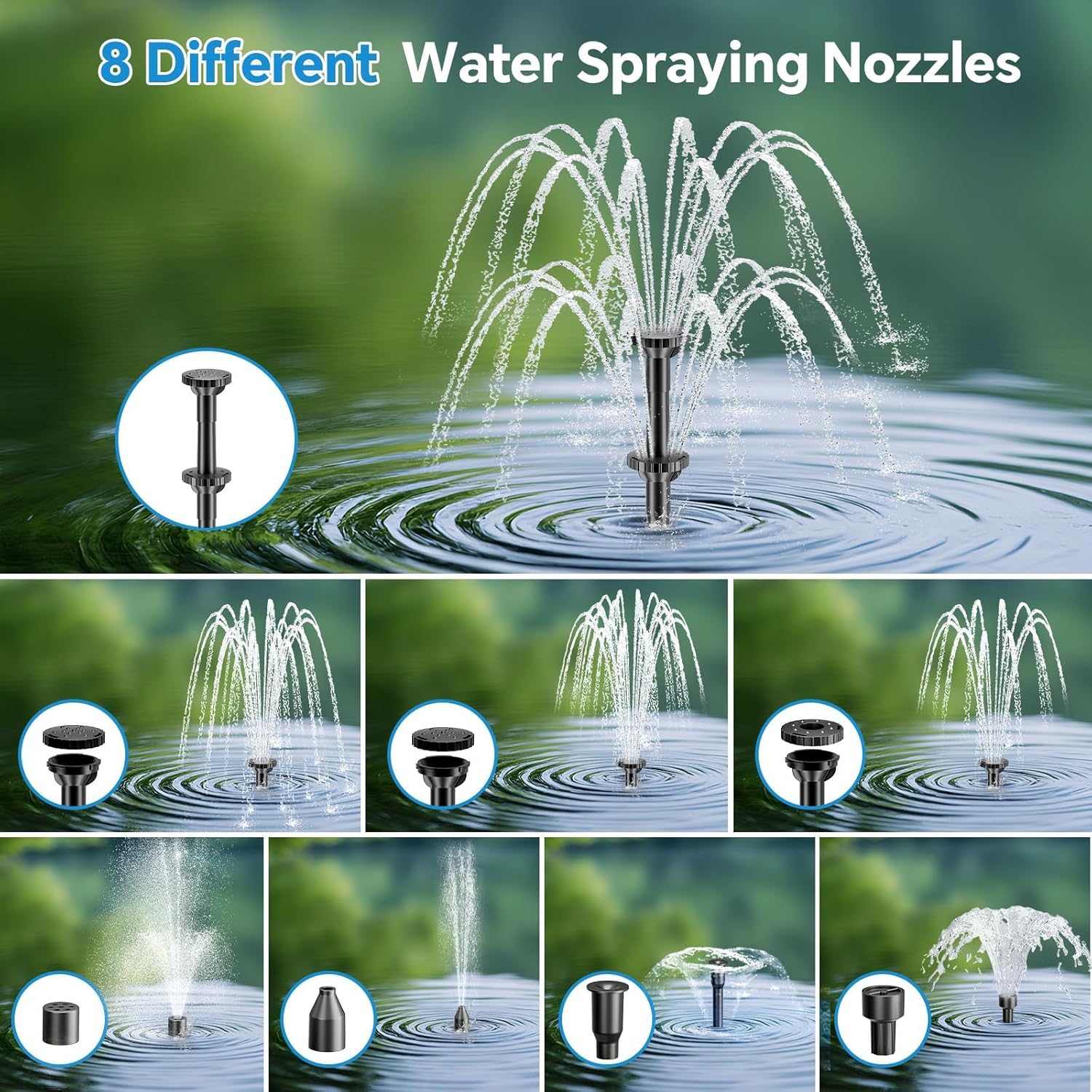 8W Solar Pond Pump Fountain with Battery Backup 8 Nozzles