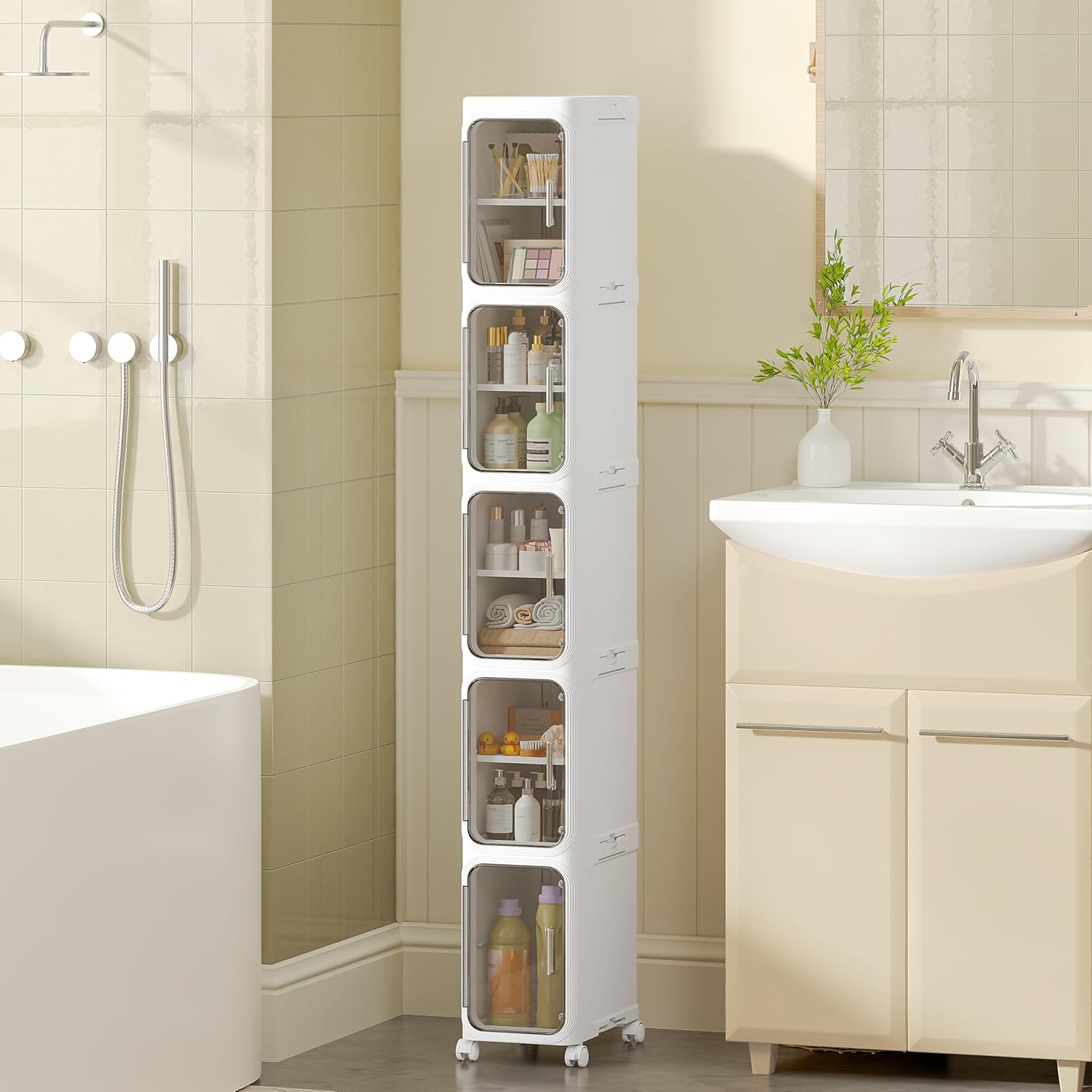 5 Tier Slim Bathroom Storage Cabinet with Wheels Waterproof Clear Smoke