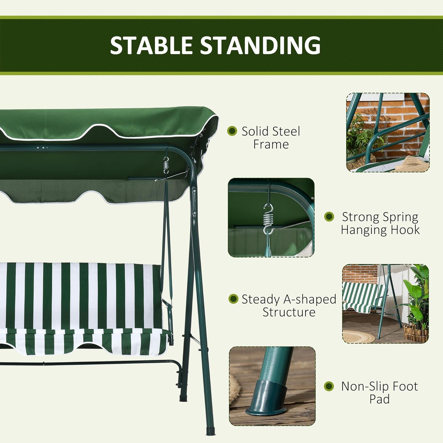 3 Seater Garden Swing Chair with Canopy Cushion Green