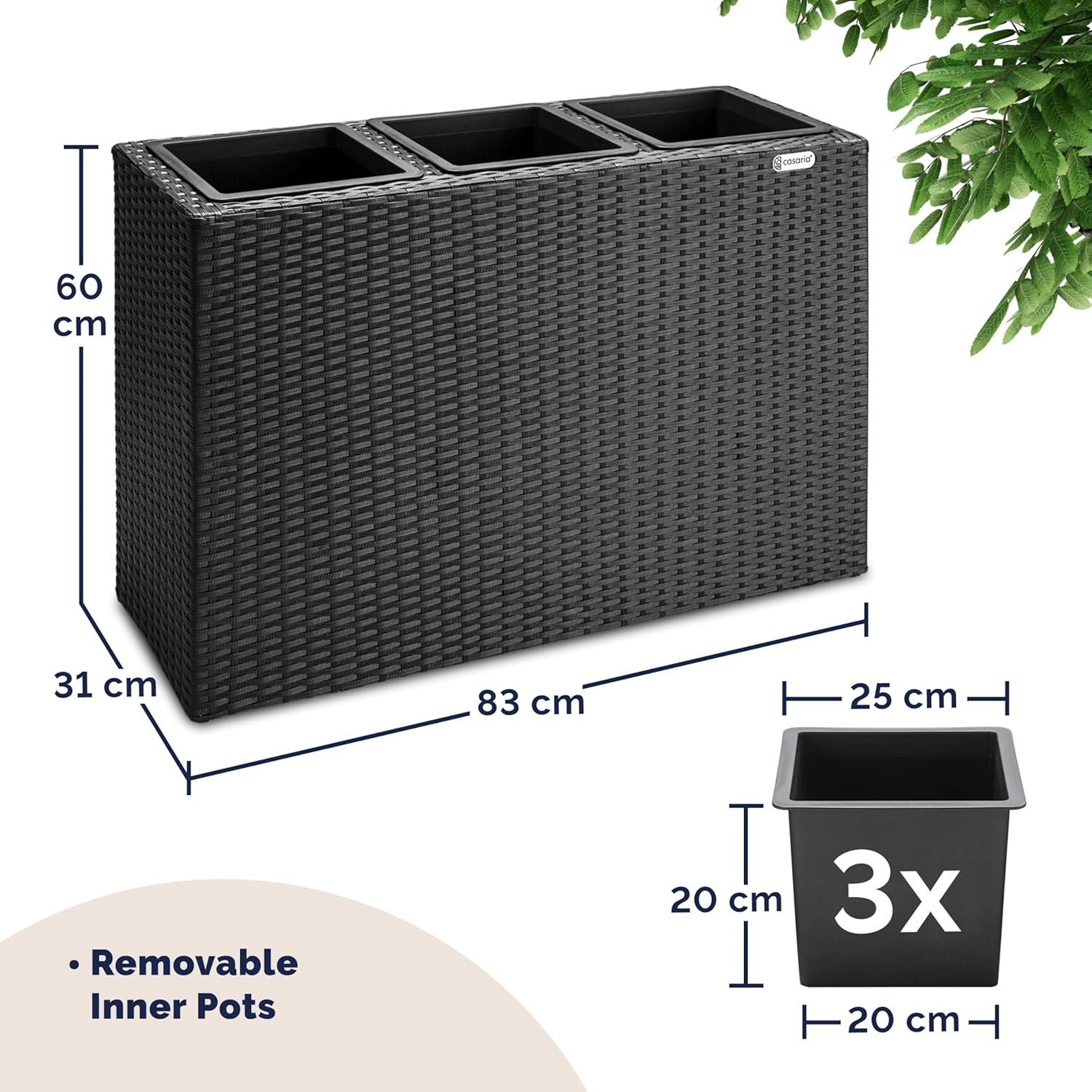 Tall Rattan Planter Box 83cm Black with 3 Pots