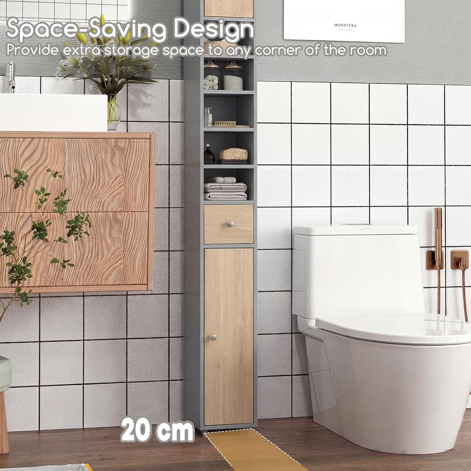 Tall Bathroom Storage Cabinet Slim Drawer Shelf Cupboard Grey Natural