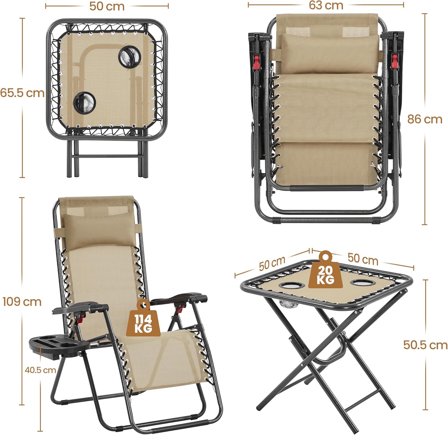 3 Piece Zero Gravity Recliner Set Chairs Table Beige