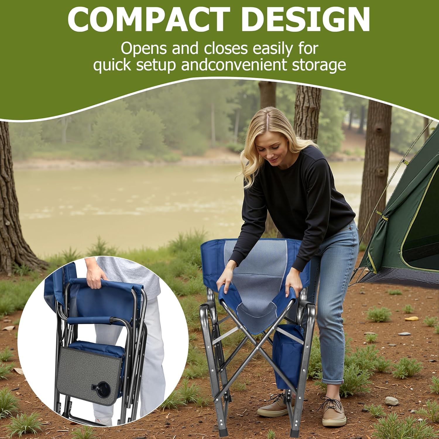 Oversized Folding Camping Chair with Cooler Side Table 400LB Blue