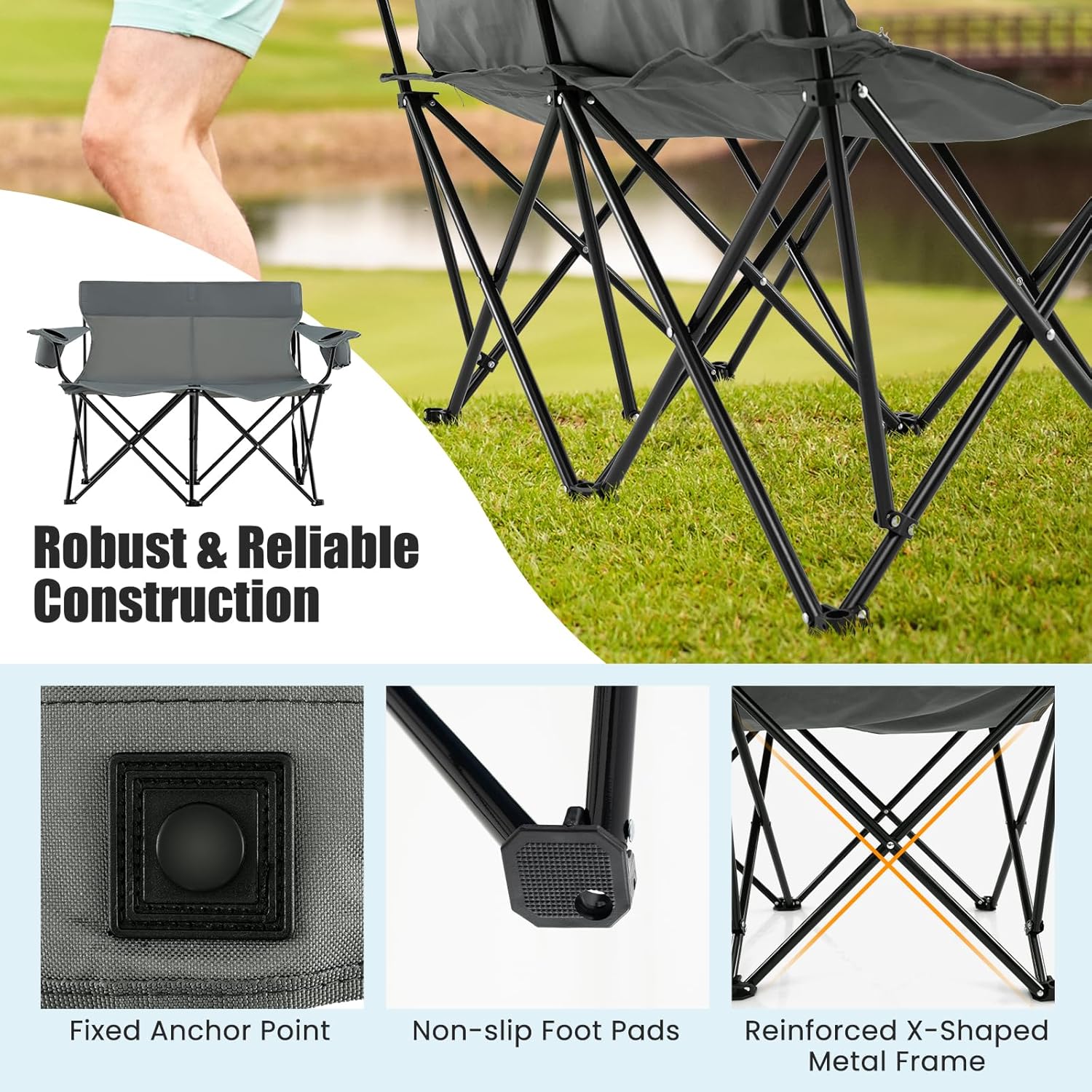 Double Camping Loveseat Chair 300KG Foldable Grey