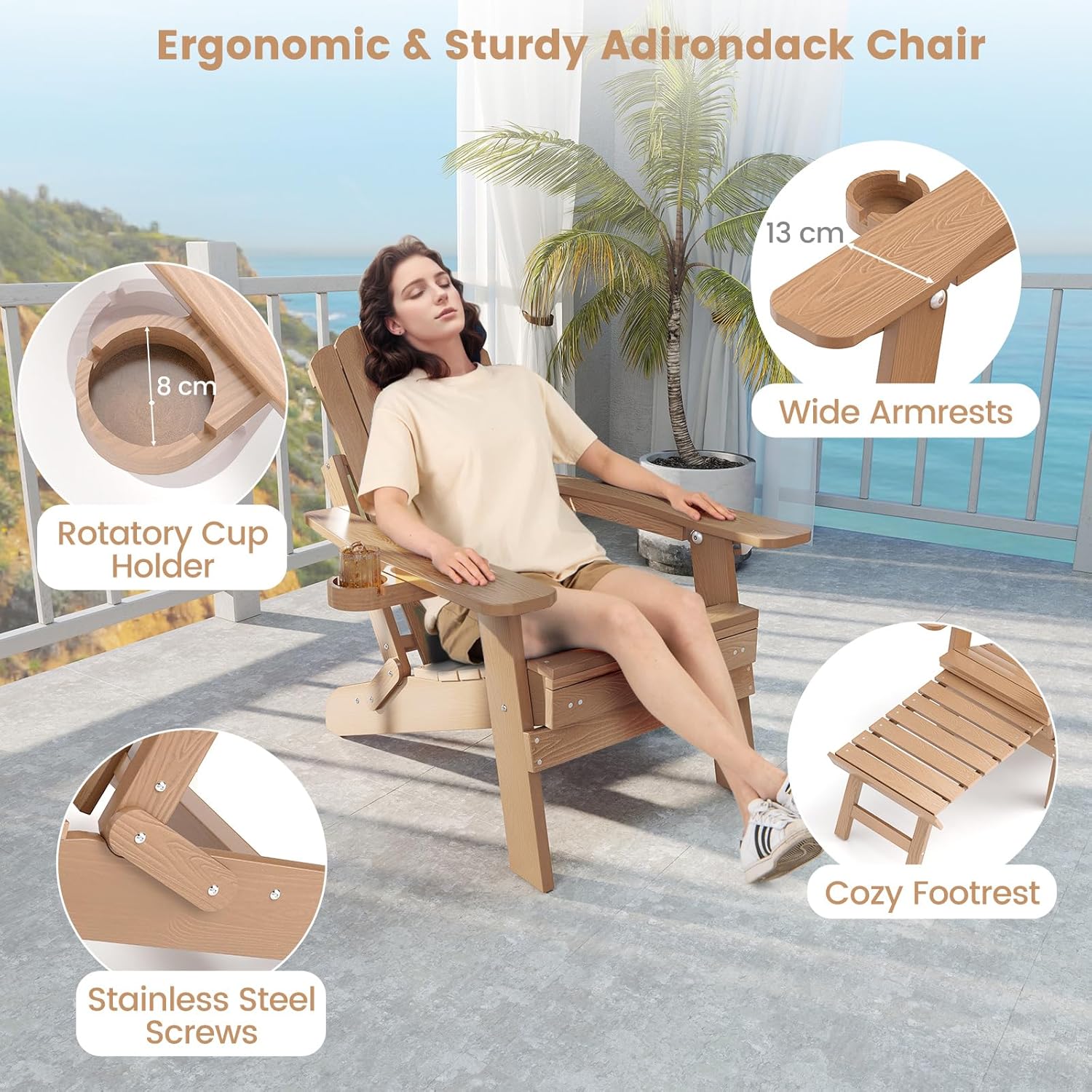 Adirondack Garden Lounge Chair Adjustable Footrest Brown