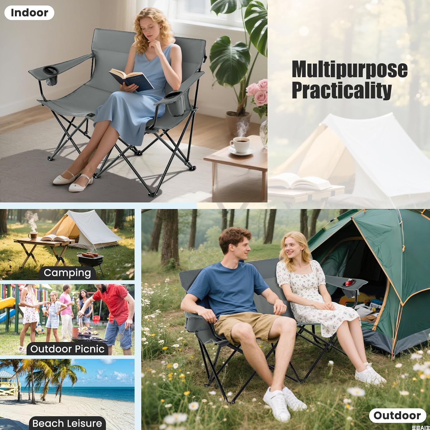 Double Camping Loveseat Chair 300KG Foldable Grey