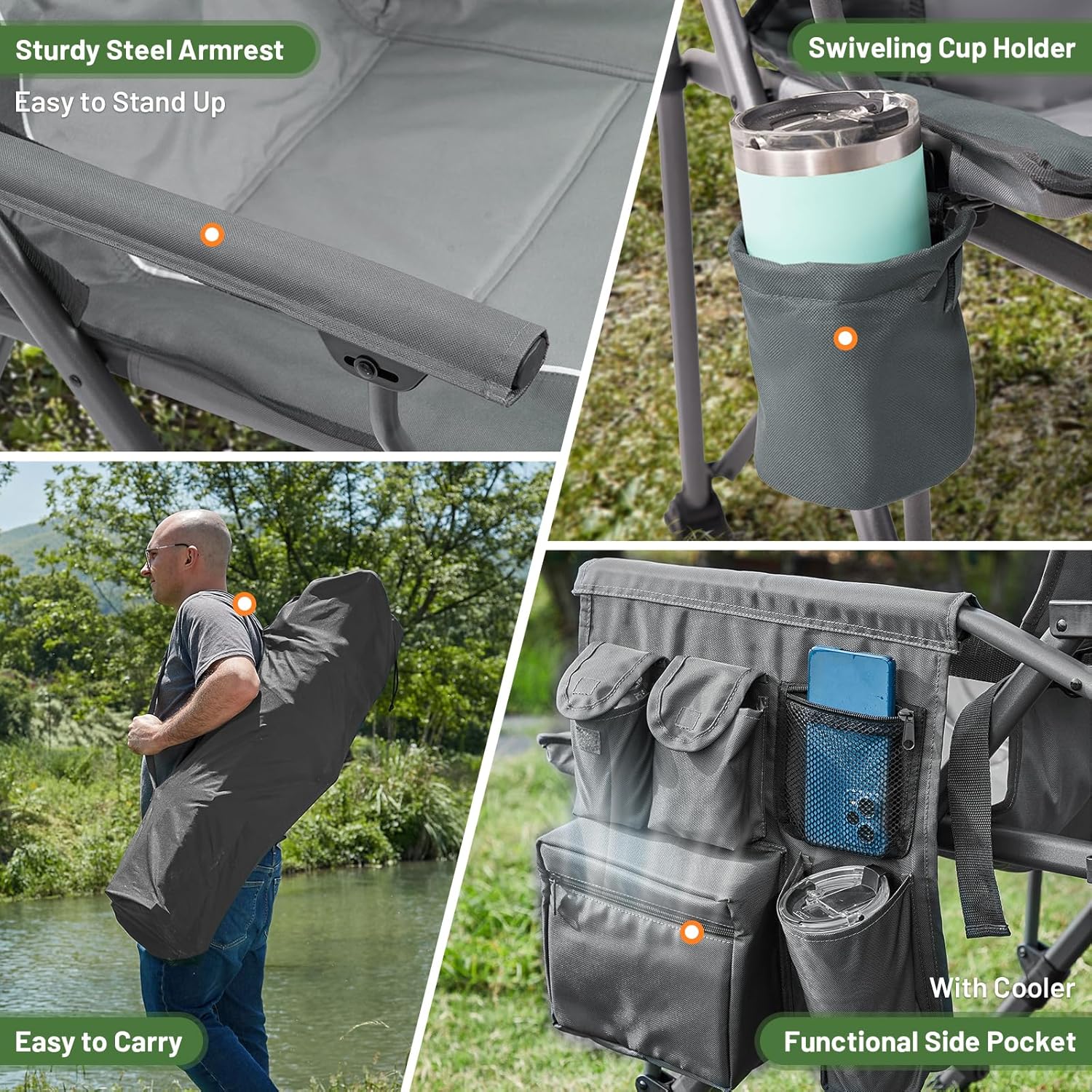 Heavy Duty Camping Chair with Lumbar Support Cooler Pocket Grey