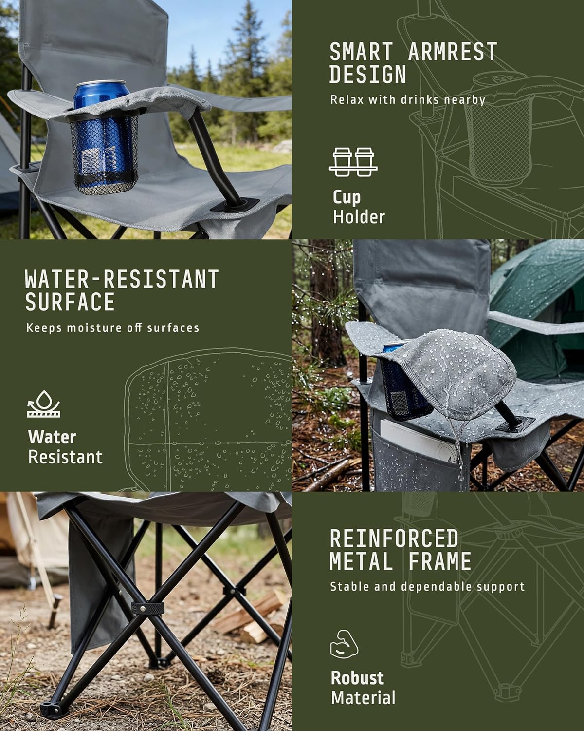 Folding Camping Chair 2 Pack Pocket Cup Holder Dark Grey