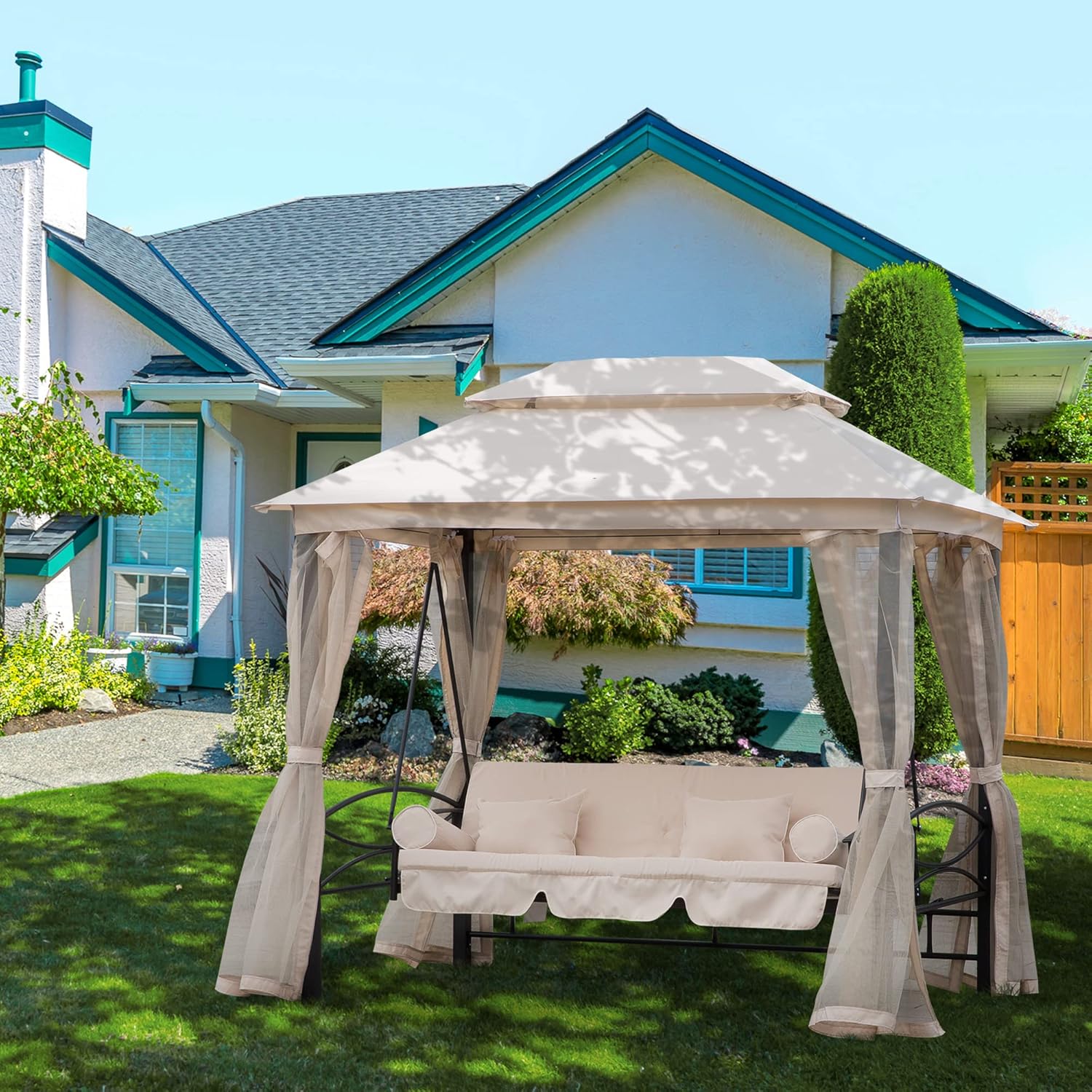 3 Seater Swing Bed Gazebo Chair Cream White