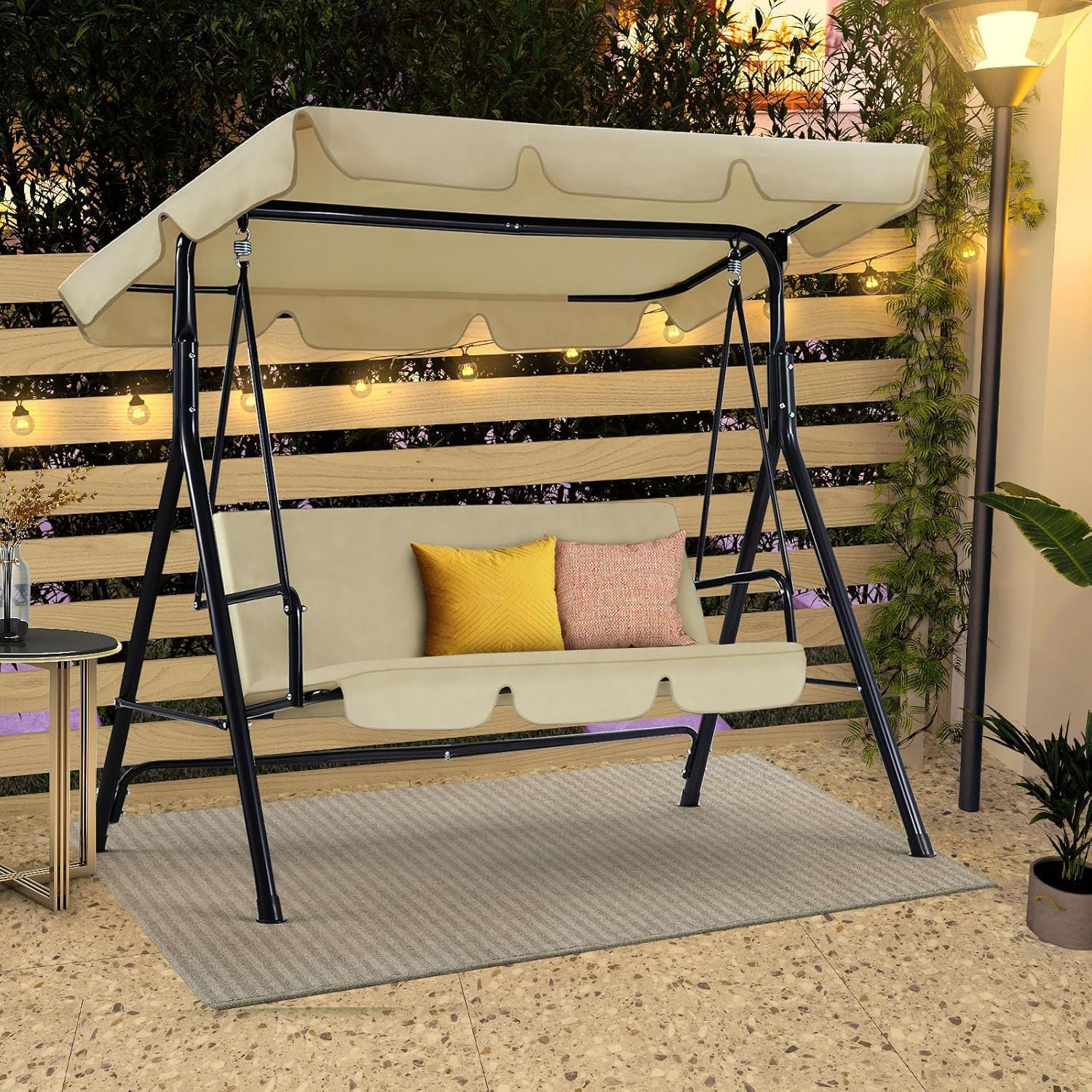 3 Seater Garden Swing Chair with Adjustable Canopy Beige