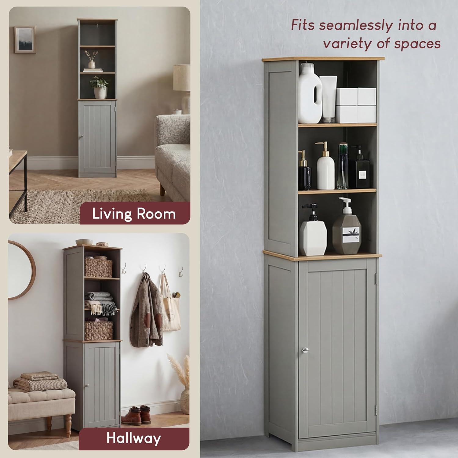 Grey Oak Tall Bathroom Cabinet Floor Standing Storage Unit