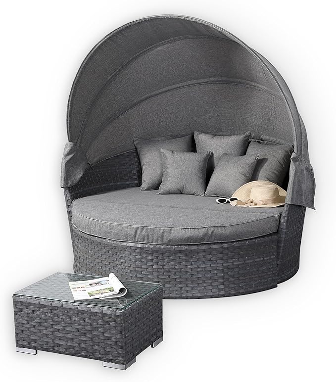 Rattan Garden Daybed with Canopy Queen Lounger Grey
