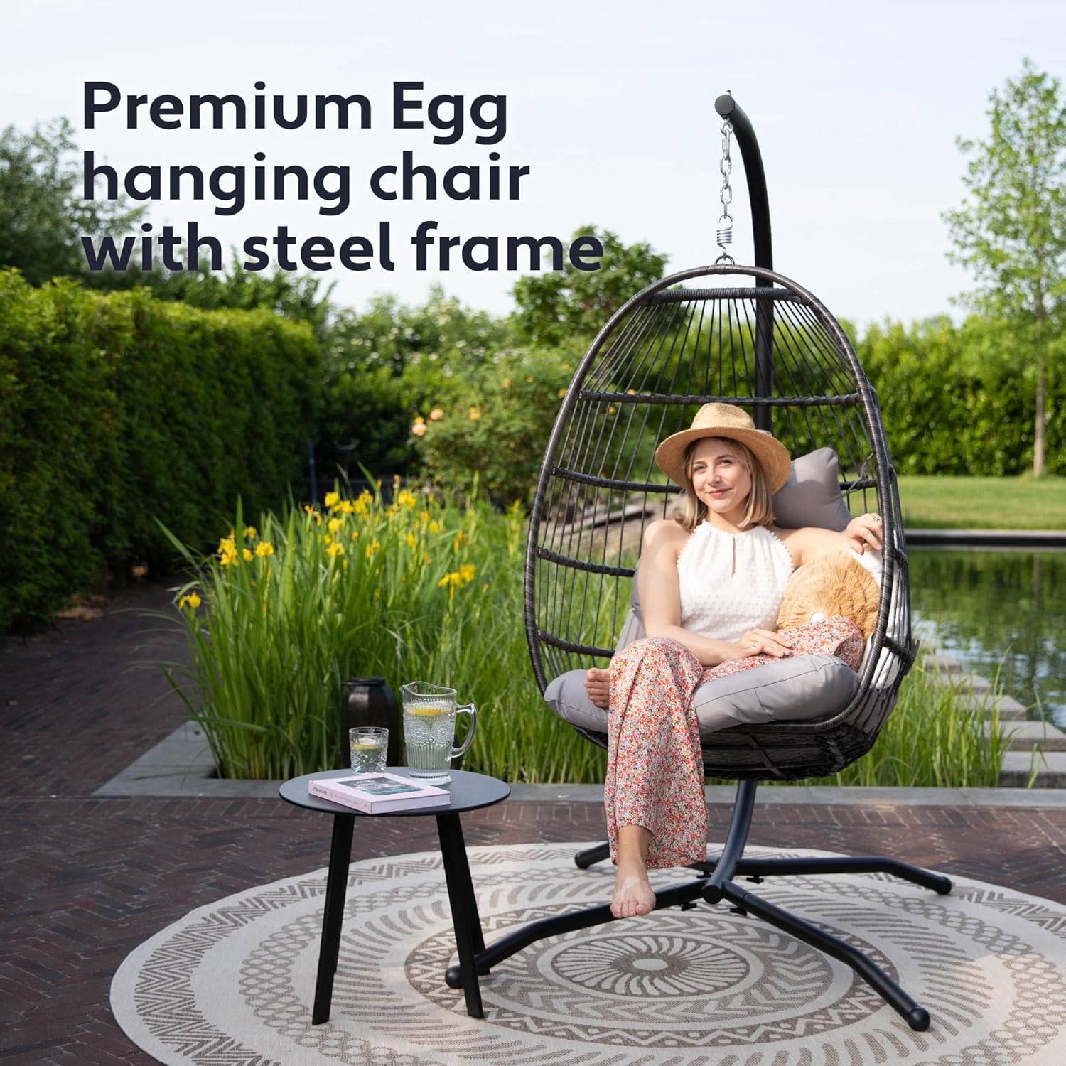Foldable Hanging Egg Chair with Stand Cushion Light Grey