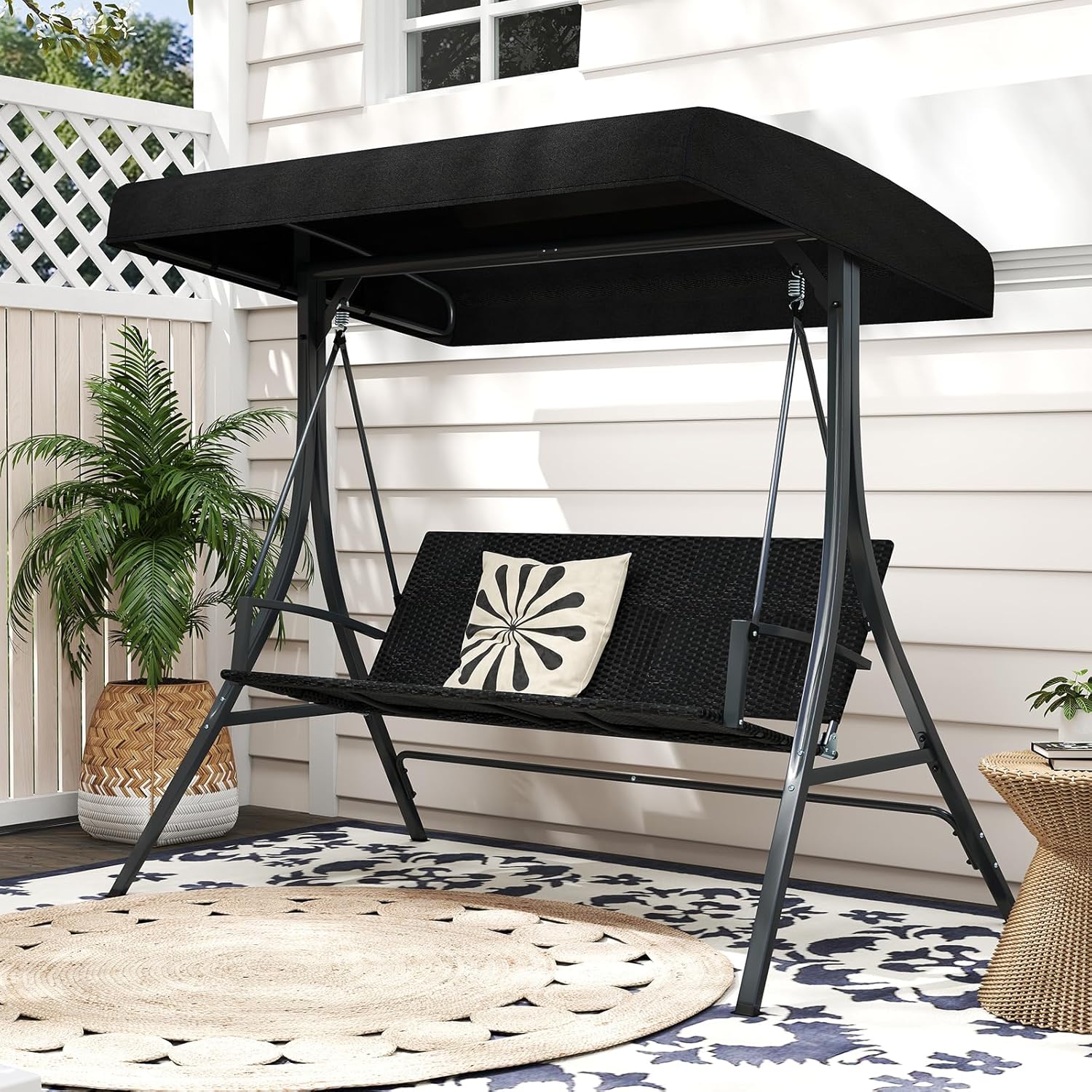 3 Seater Garden Swing Chair Rattan Canopy Bench Black