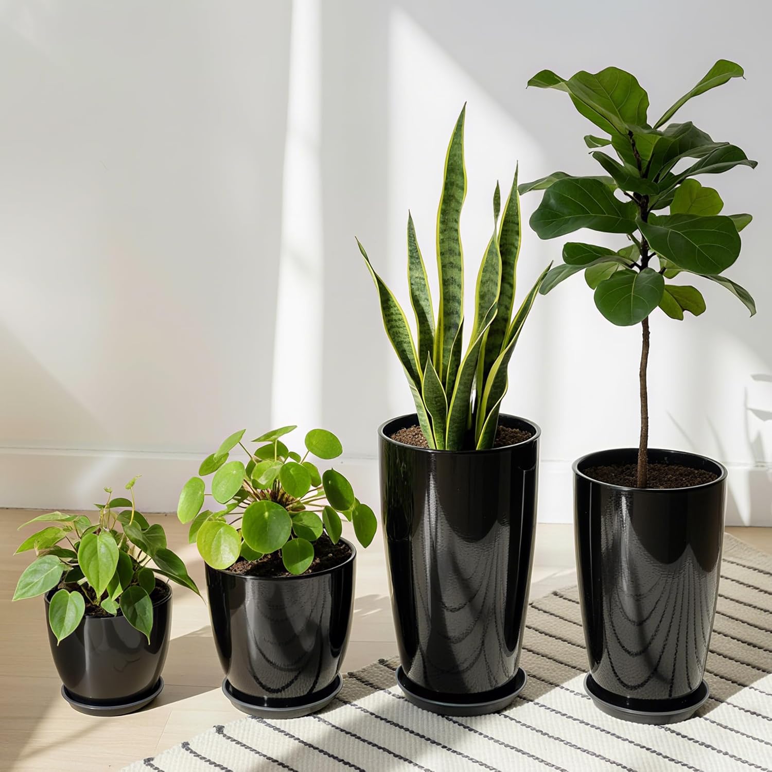 Plant Pots Set of 4 Black Tall Planters 25 30 35cm Indoor Outdoor