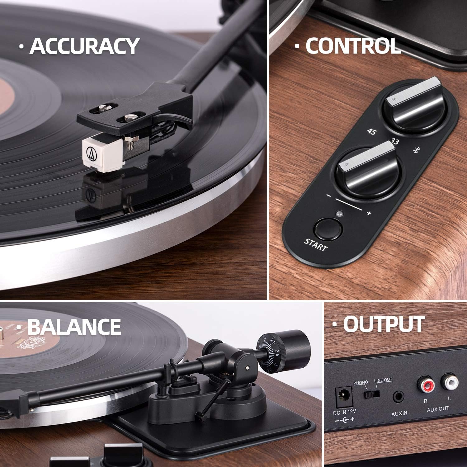 Bluetooth Vinyl Record Player Turntable with Built-In Speakers 33/45RPM