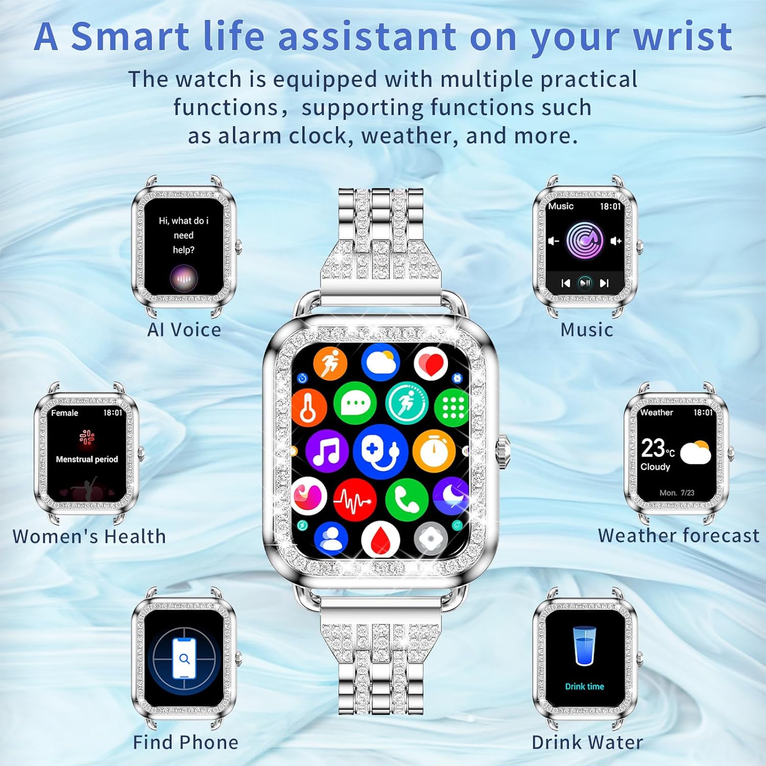 Diamond Womens Smart Watch 3 Straps Bluetooth Call
