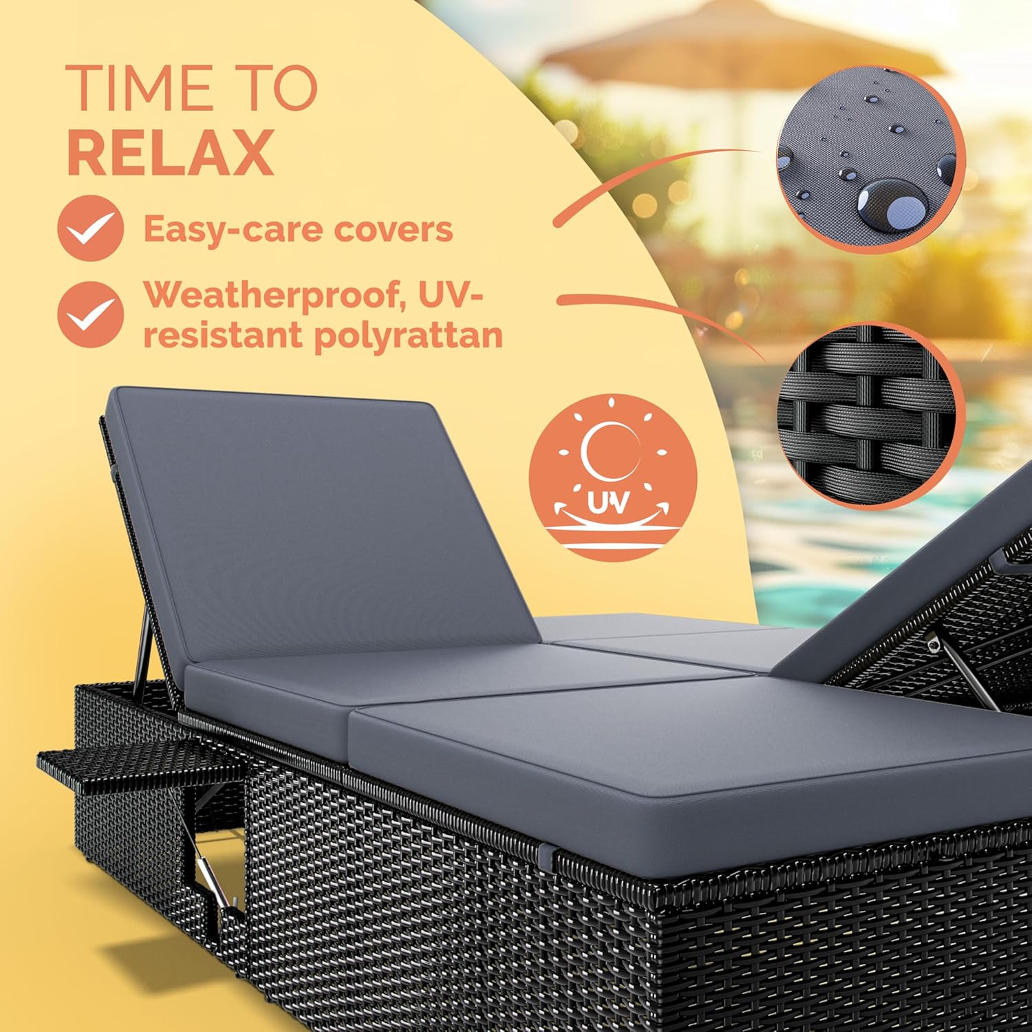 Double Sun Lounger 7 Position Poly Rattan Recliner Black 200x115cm