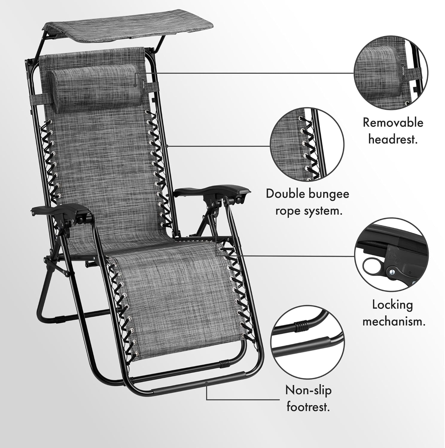 2 Zero Gravity Reclining Garden Chairs with Canopy Grey