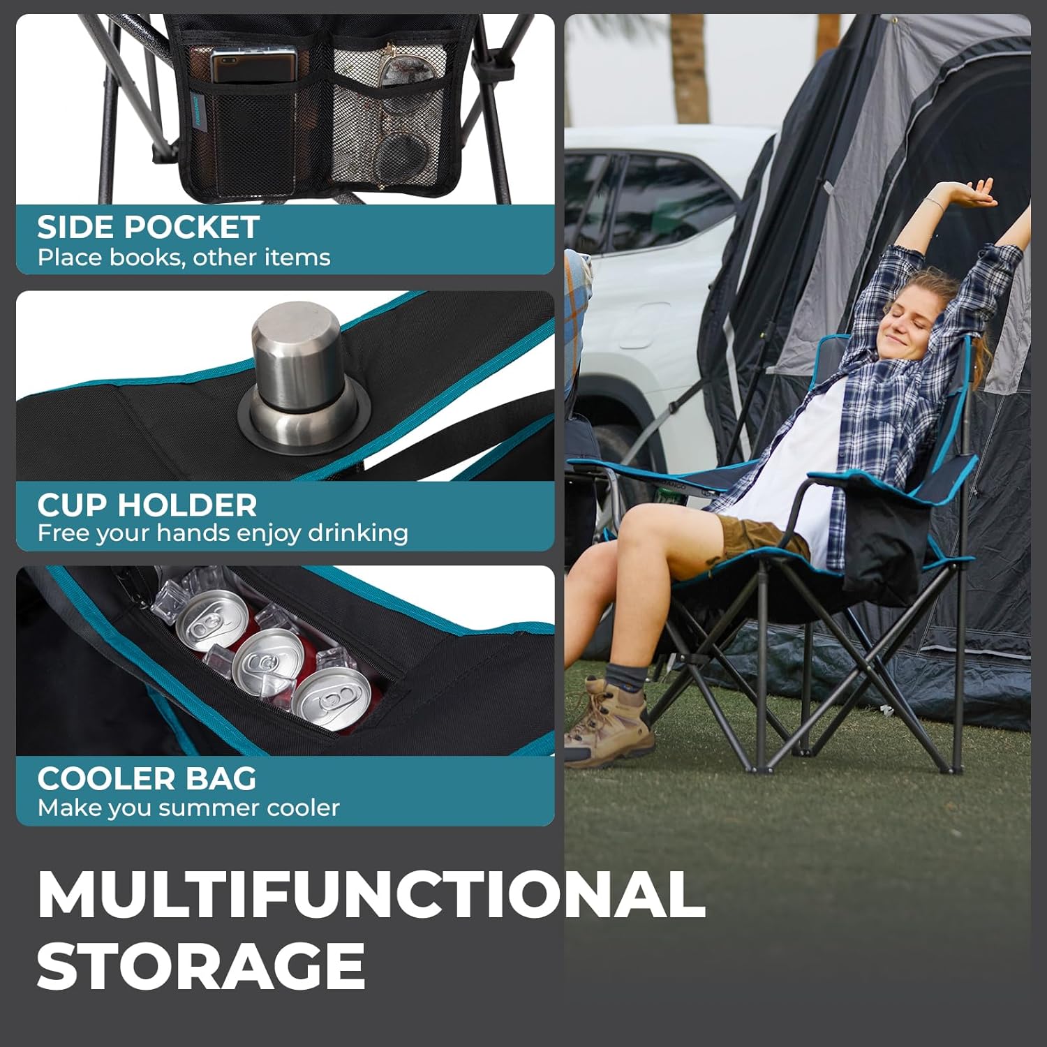 Oversized Camping Chair 550LB with Cooler Pocket Black Grey