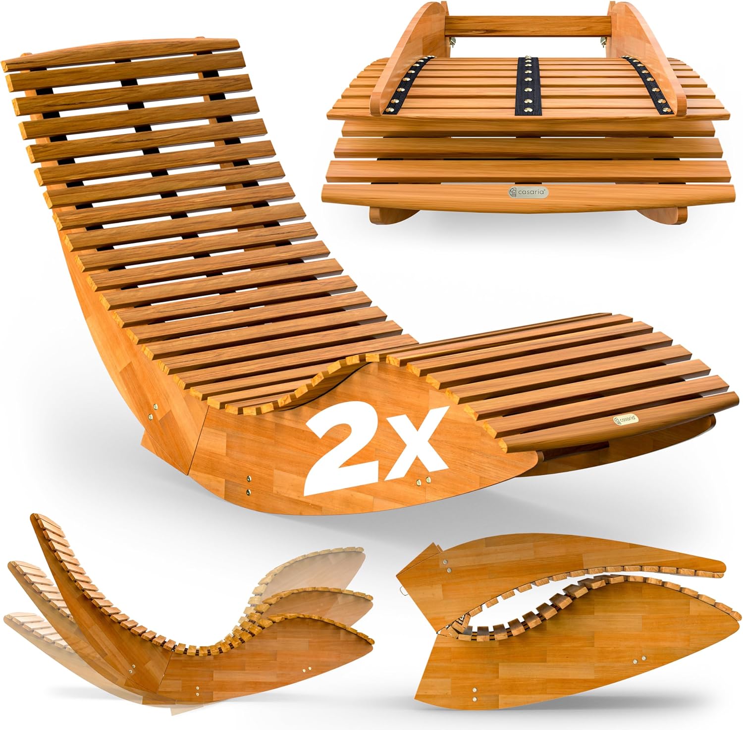 Set of 2 Wooden Rocking Sun Loungers Acacia Brown