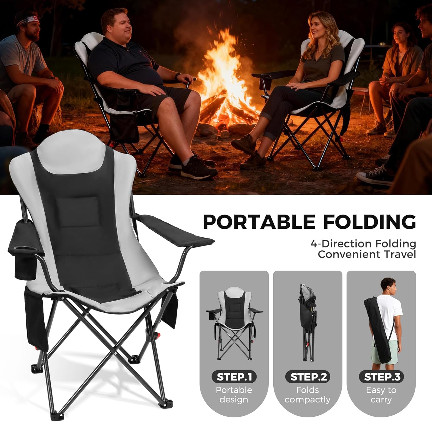 Heated Folding Camping Chair 159kg Reclining High Back