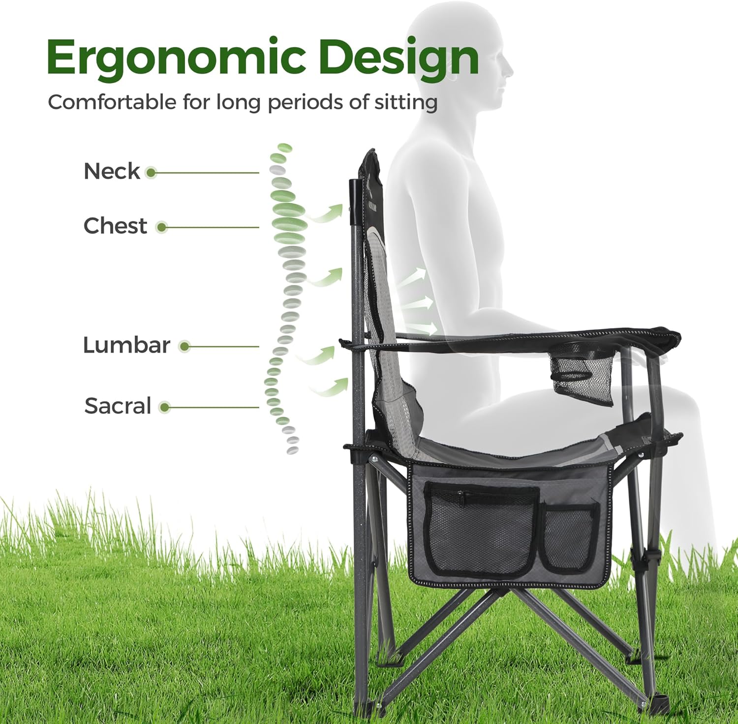Oversized Camping Chair Mesh Back Folding Seat Black