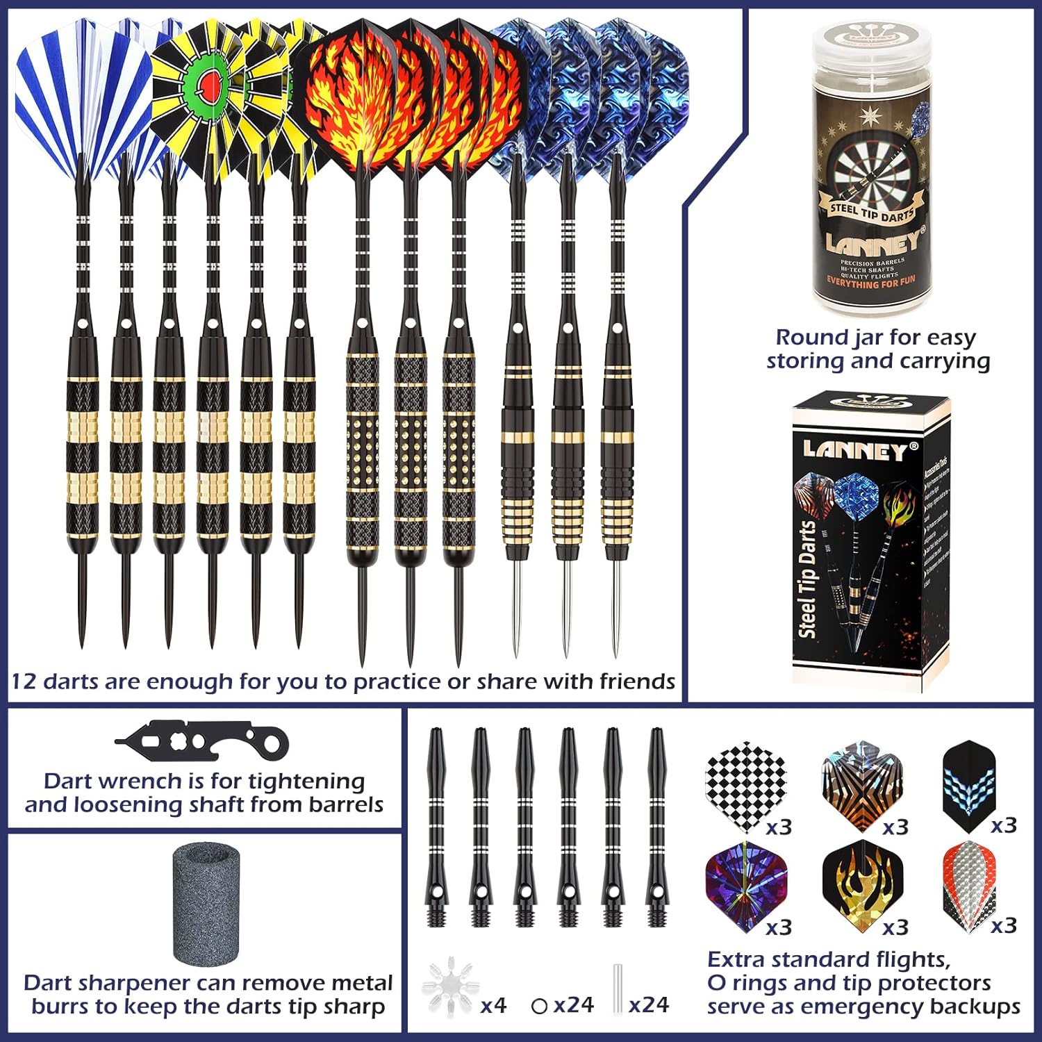 Steel Tip Darts Set 12 Pack 20g 24g 26g Brass Barrels Case Kit