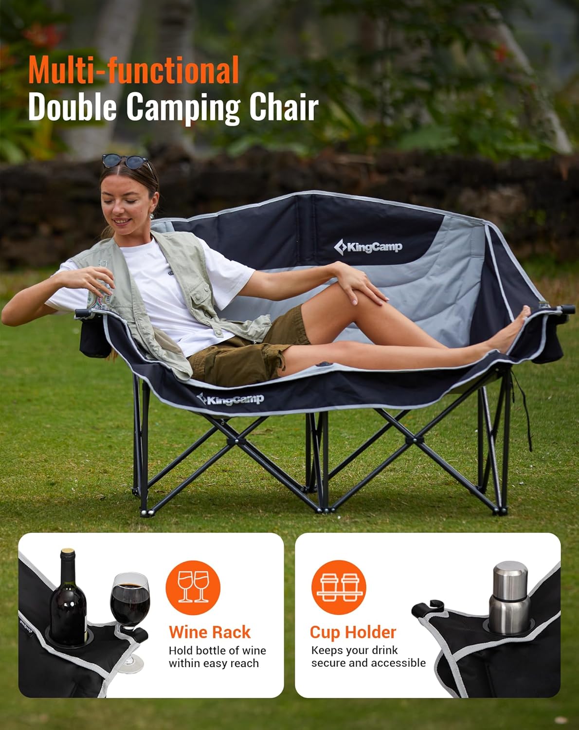 2 Seater Camping Sofa Chair 300KG Black Grey
