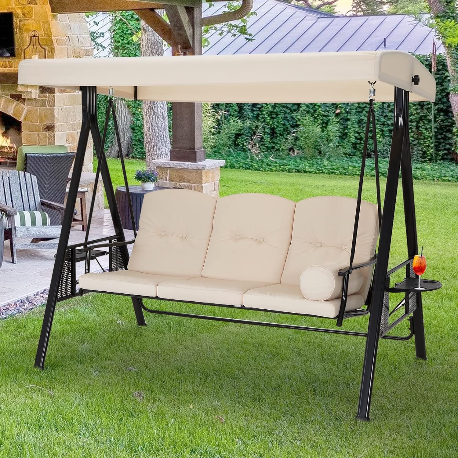 3 Seater Garden Swing Chair Beige Canopy Cup Trays