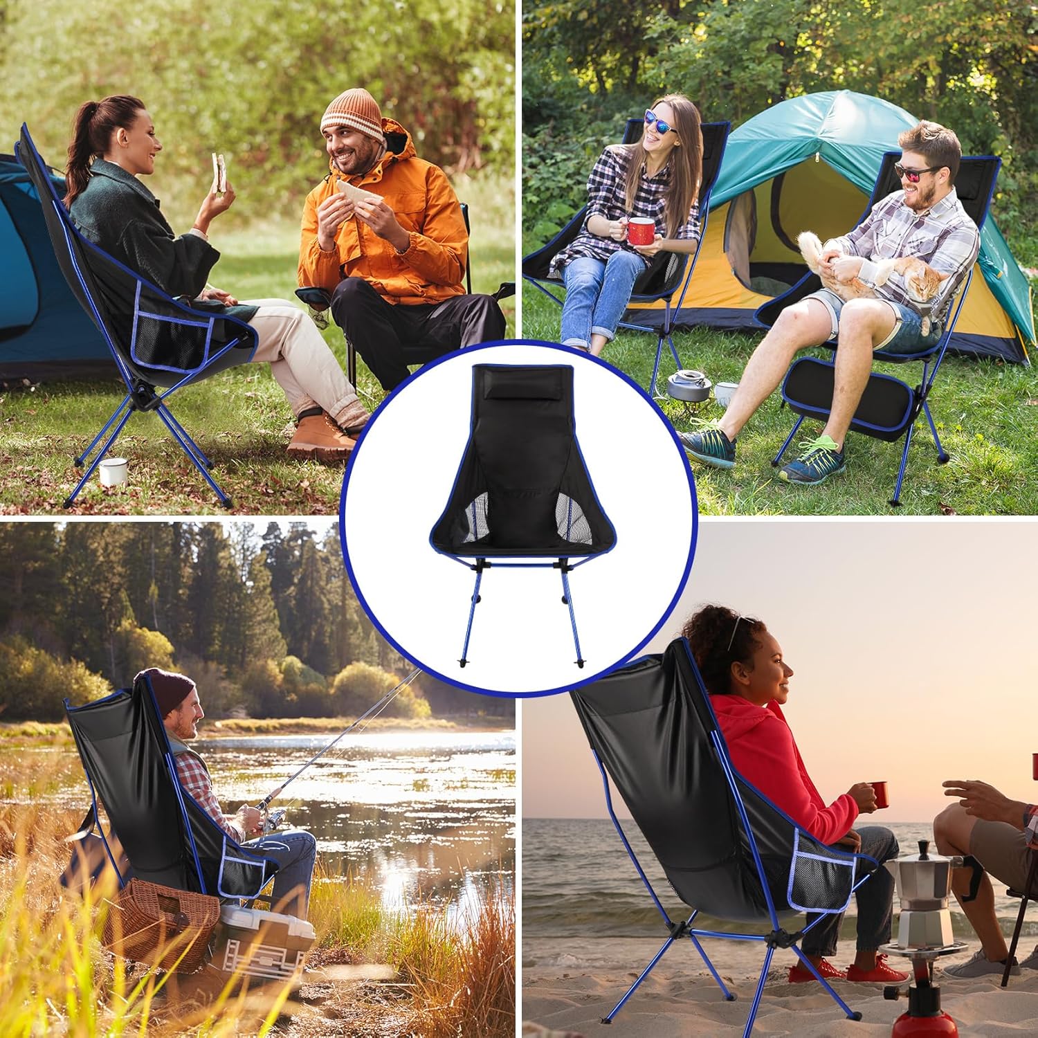Lightweight High Back Folding Camping Chair with Headrest Blue