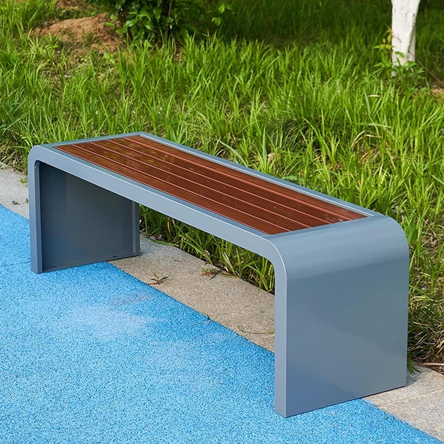 Outdoor Backless Garden Bench Wood Steel Patio Seat 150cm Grey